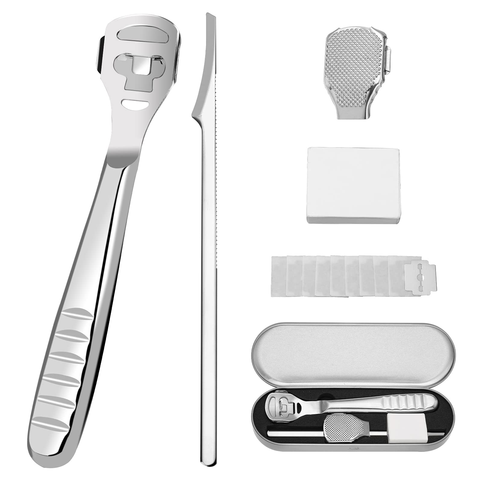 Foot Scraper - Foot File Dead Hard Skin Remover Feet Callus Shaver - Stainless Steel Foot Rasp Heel Corn Removal Pedicure Kit for Hand Feet Foot Care Tools with 10 Replacement Blades Silver