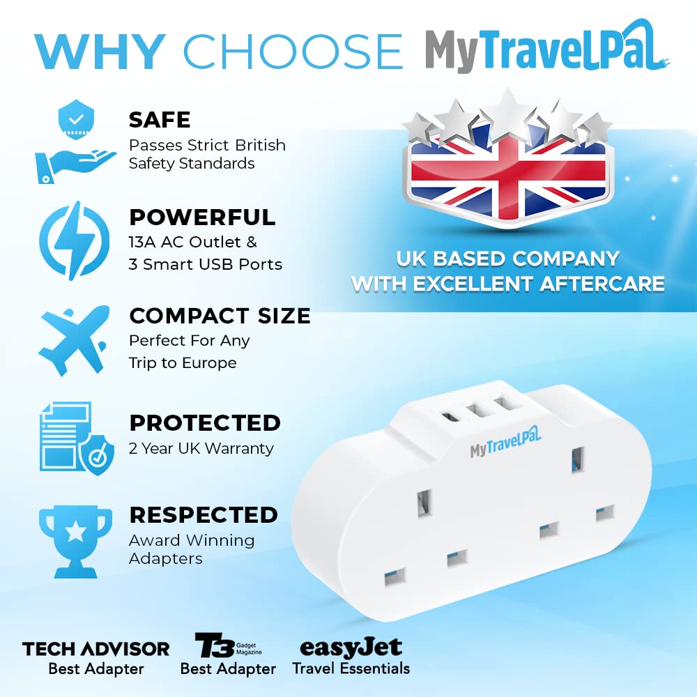 UK to Europe Travel Adapter With USB & USB-C | MyTravelPal® 2 Way European Travel Adaptor Plug | Double UK to EU Plug Adapter For Germany France Spain Portugal Iceland Greece & More