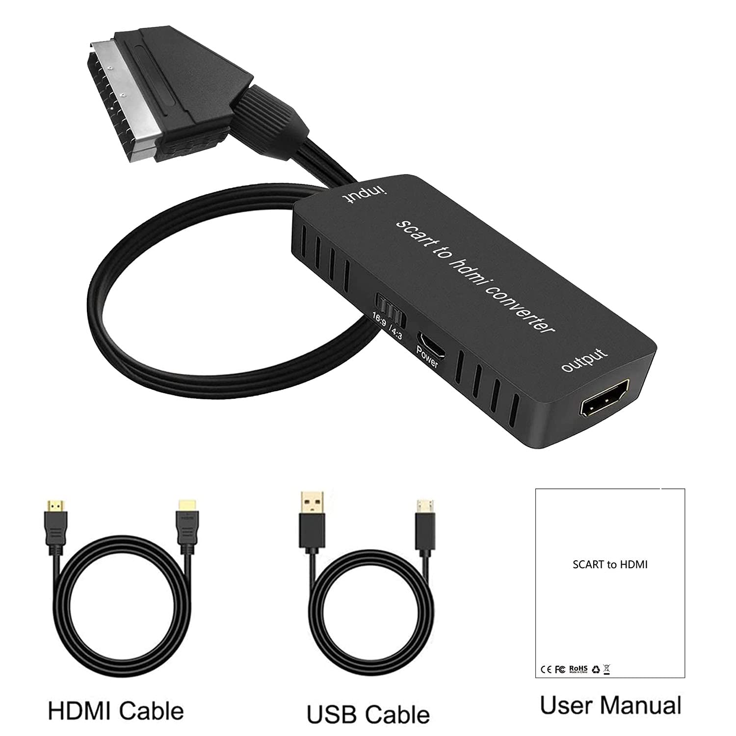 Scart to HDMI Converter, Wrugste Scart input HDMI output 16:9/4:3 Video Audio Converter Adapter with HDMI cable for HDTV Monitor Projector STB VHS Xbox Sky Blu-ray DVD Player