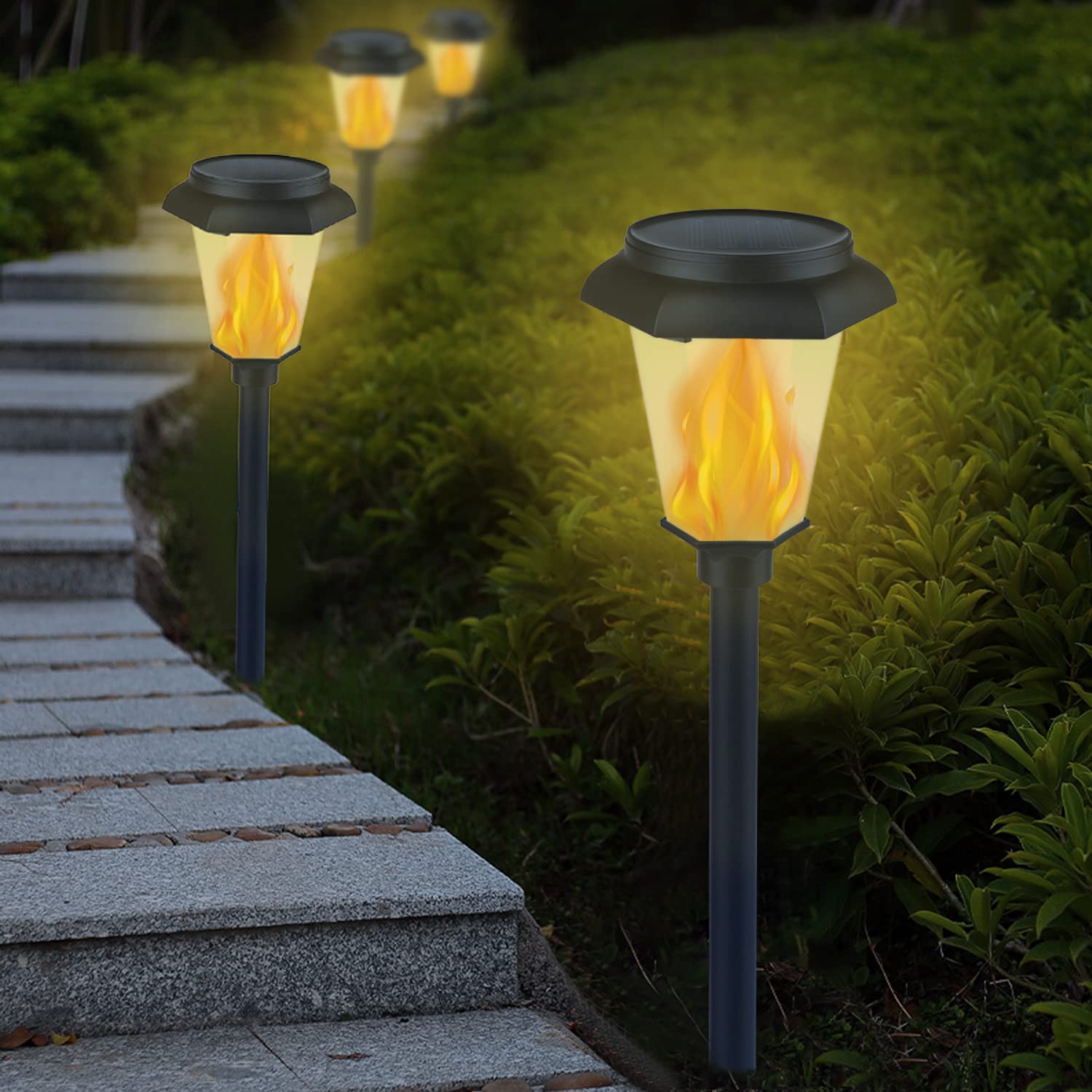 COOLWEST Solar Garden Lights Outdoor, LED Torches Light with Dancing Flickering Flames, Waterproof Security Lights for Garden, Patio, Pathway, Night Party Decoration(4 Pack)