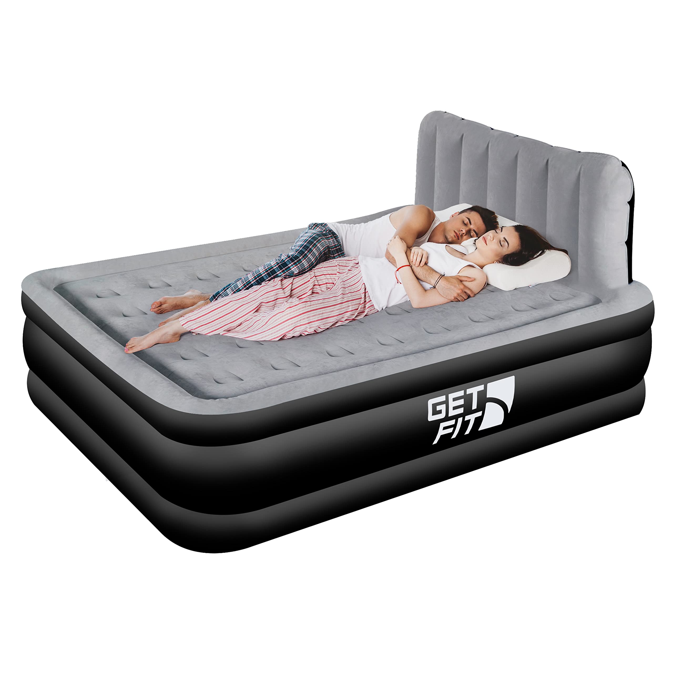Get Fit Air Bed With Built In Electric Pump - Premium King Airbed - Quick Blow Up Bed With Headboard, 2 Free Inflatable Pillows - Elevated Inflatable Air Mattress For Outdoor, Camping - Black/Grey
