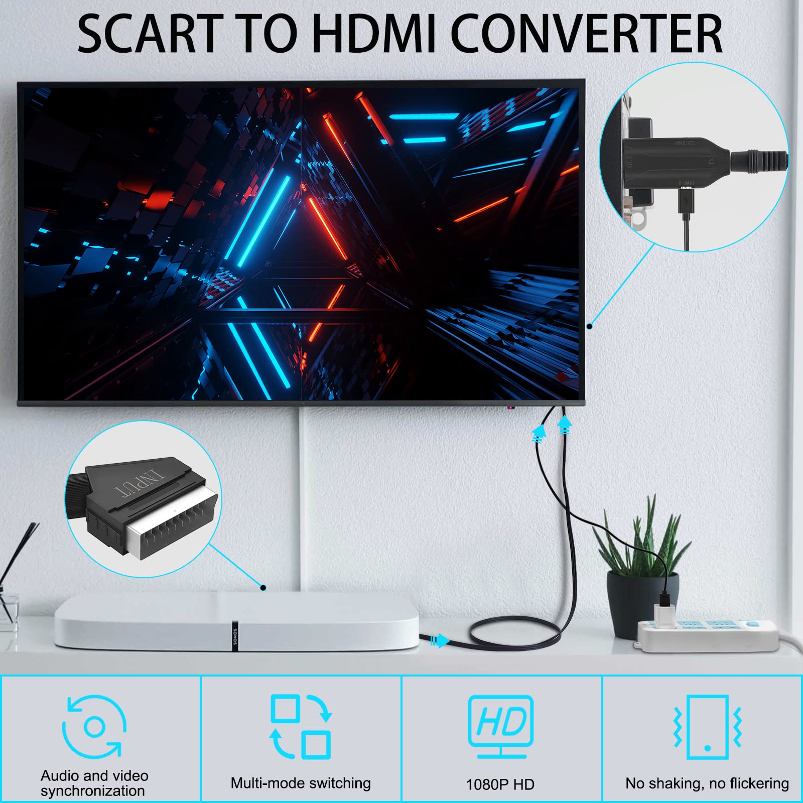 CAVN Scart to HDMI Converter, Support HDMI 720/1080P Switch Video Audio Converter for HD TV Monitor Projector STB VHS Xbox PS3 Sky Blu-ray DVD Player, Upgraded Scart to HDMI Converter with USB Cable