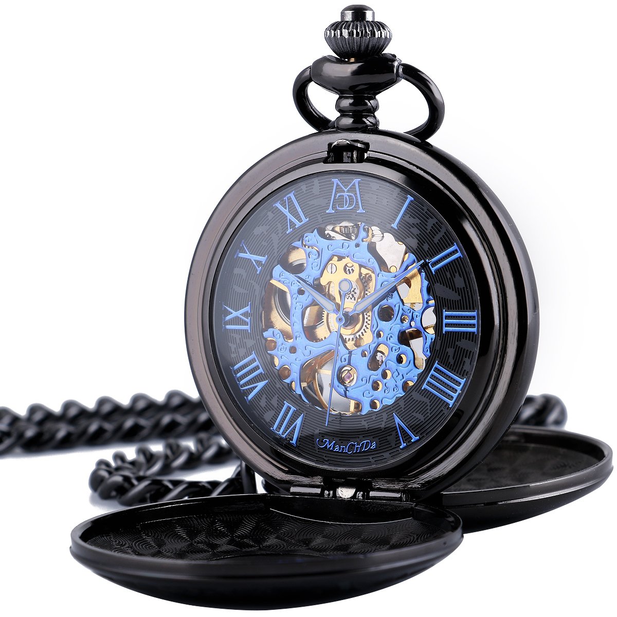 Pocket Watch - Double Engraved Skeleton Dial ManChDa Retro Mens Mechanical Watch Golden Movement with Chain + Gift Box