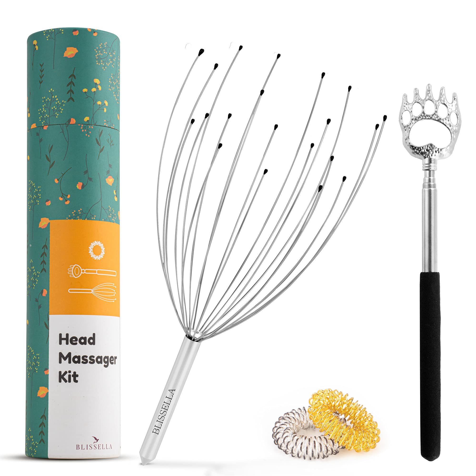 Blissella Head Massager Scalp with Extendable Back Scratcher & Finger Massage Rings-Head Massager for Hair Growth-Deep Relaxation Tool with 20 Fingers for Stress Relief and Head Pressure
