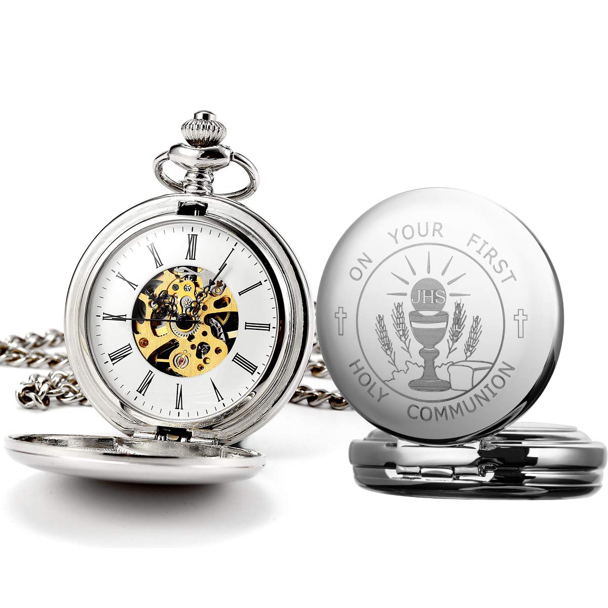 ManChDa Engraved Boy's First Holy Communion/Christening St Christopher Pewter Pocket Watch Gift with Presentation Box Mechanical Pocket Watches with Chain for Men Boy’s Confirmation Gifts(Silver)
