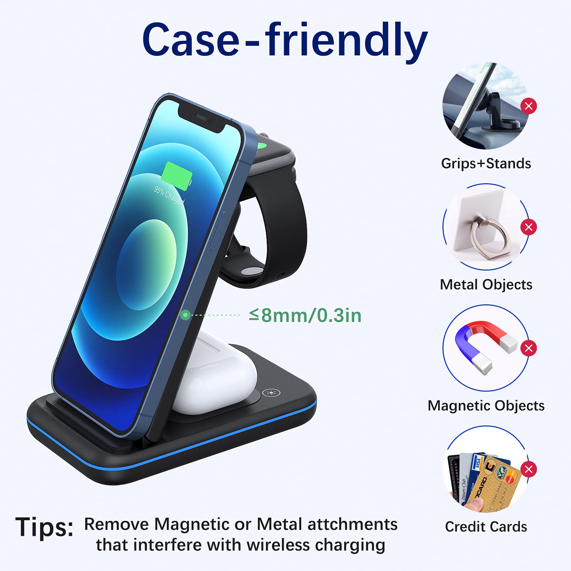 Foldable Wireless Charger Stand,QI Fast 3 in 1 Charging Station,Wireless Charging Dock for iphone 13/12/11/11pro/11pro Max/X/XS/XR/Xs Max/8/8 Plus, Samsung,Apple Watch Series, AirPods 2/3/Pro