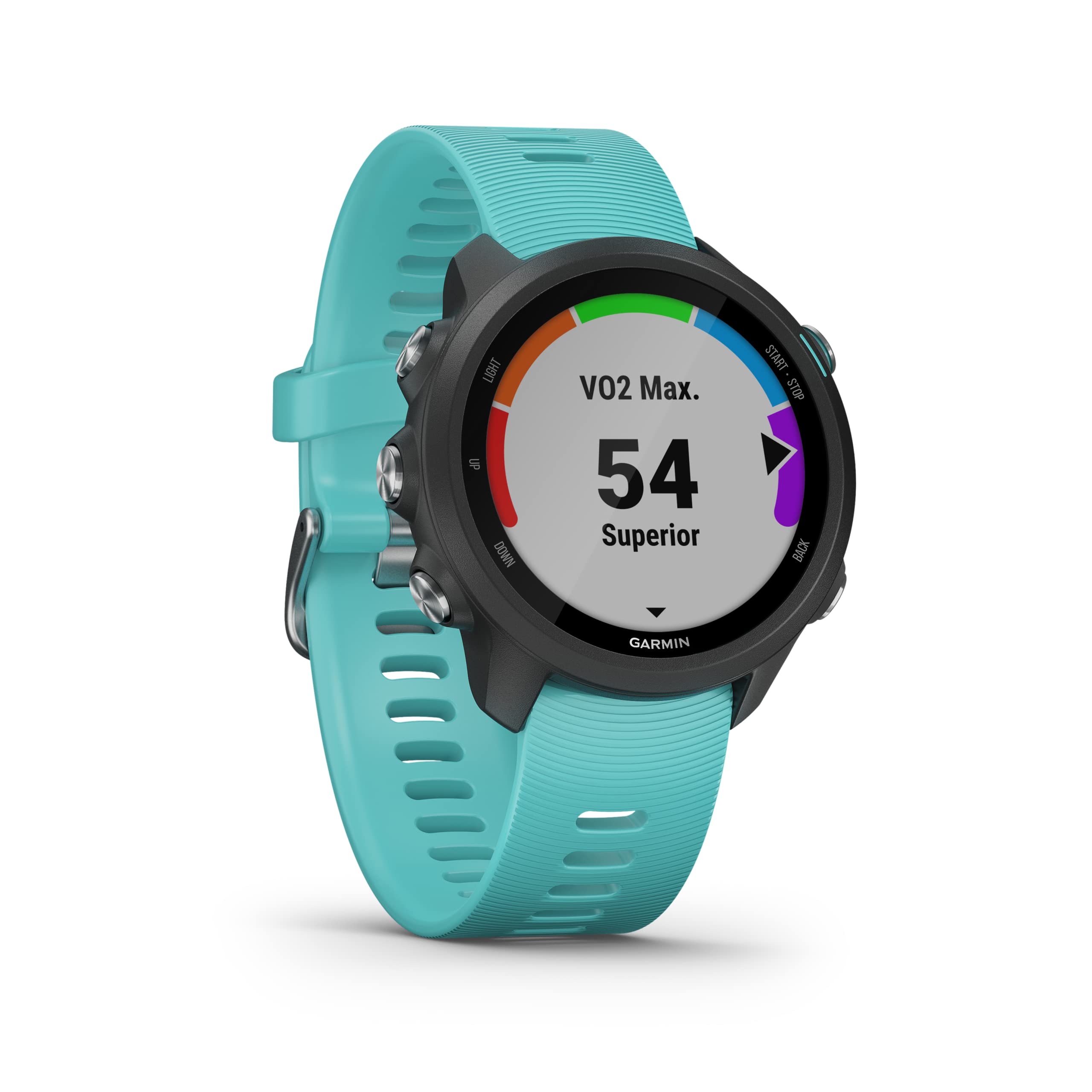 Garmin Forerunner 245 GPS Running Watch, with music and advanced training features, Black with Aqua Band