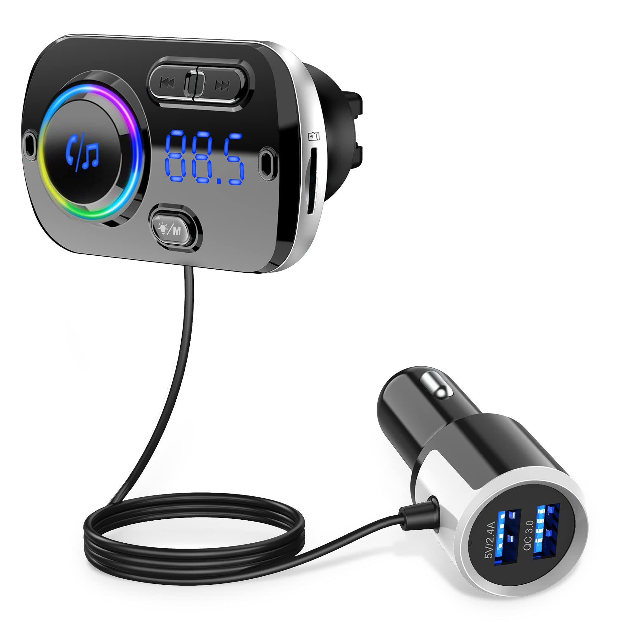 Car Bluetooth Transmitter, Car Radio Bluetooth FM Transmitter Handsfree Car Kit with QC3.0 USB Car Charger, 7 Color Lights, 2 Install Ways, Support TF Card AUX Input, Microphone CVC Noise Reduction