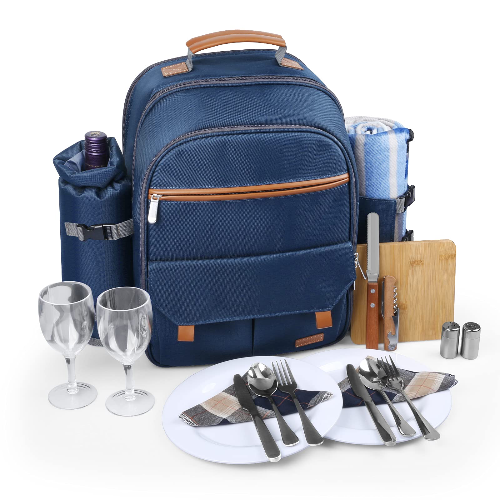 Sunflora Insulated Picnic Backpack for 2 Person Bag with Cooler Compartment, Wine pouch, Blanket and Stainless Steel Cutlery Set for Couple, Lovers and Friends (Navy)