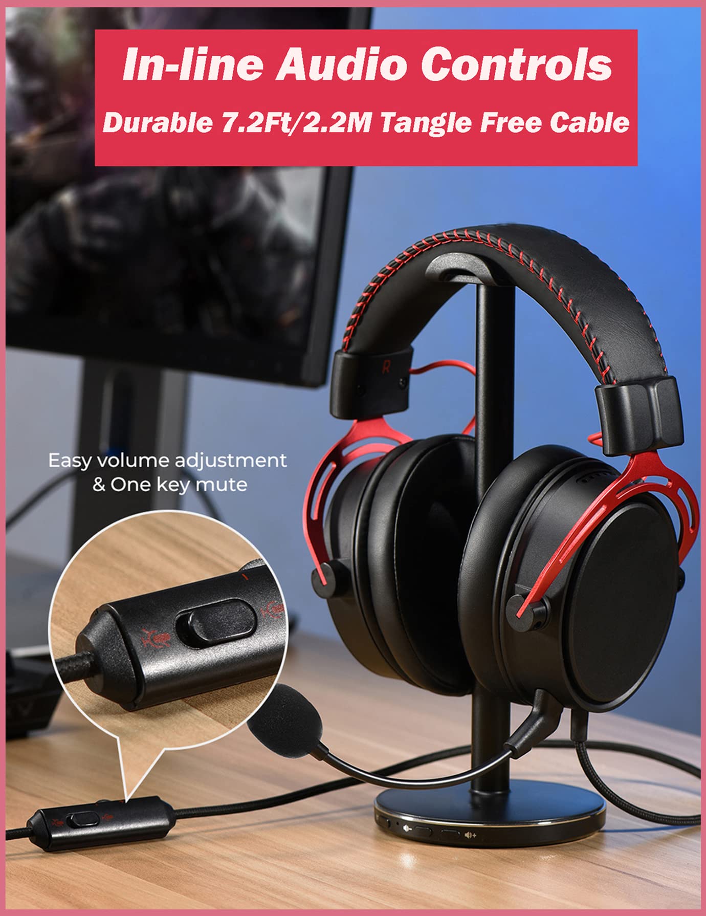 Gaming Headset with Noise Cancelling Mic, 7.1 Surround Sound PC Headset, 50mm Drivers Wired Stereo Headphones, In-Line Control, Over Ear Soft Memory Earpads, PS4 PS5 Xbox One Switch Laptop PC (Red)