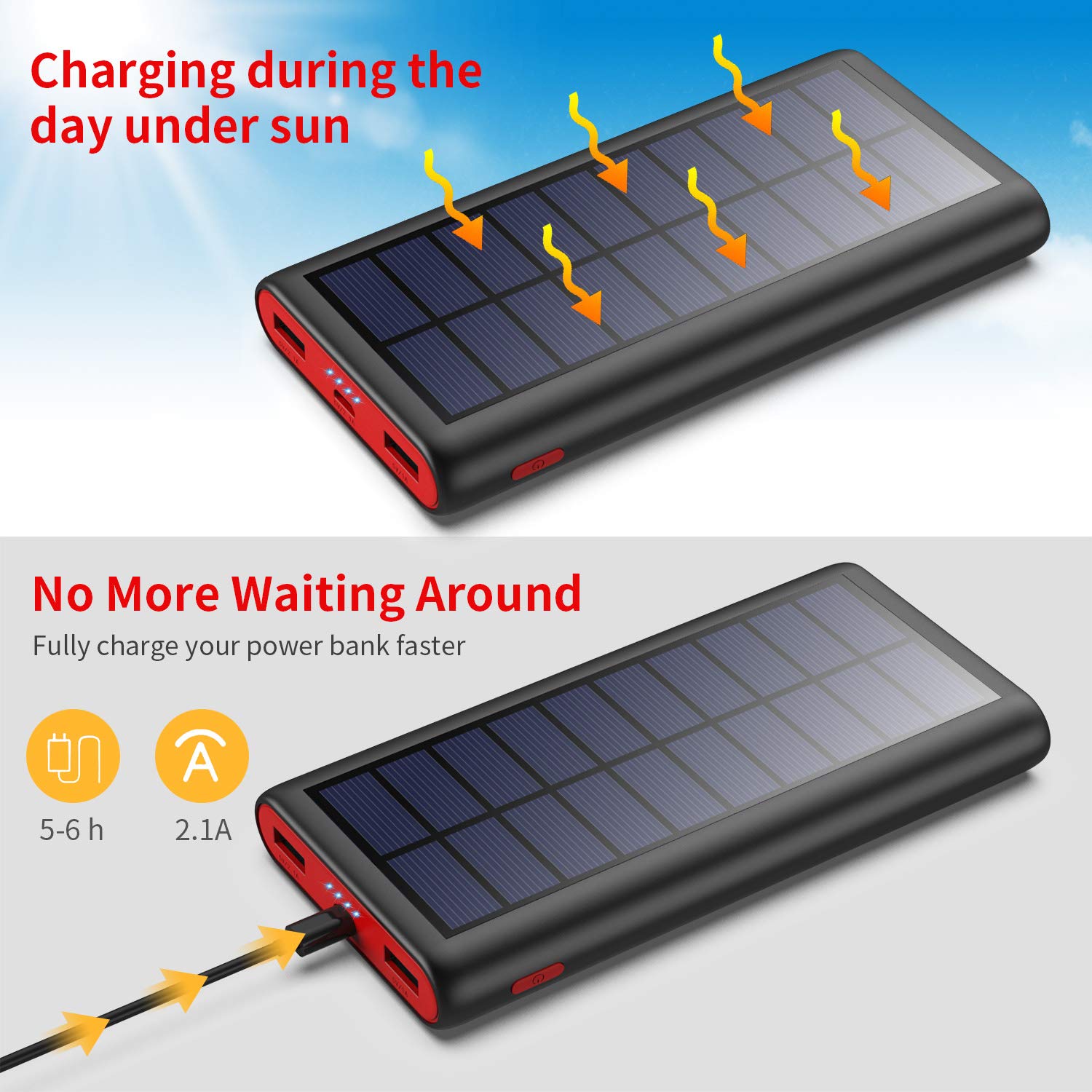 VOOE Solar Power Bank, 26800mAh Portable Charger Fast Charging External Battery Pack with Dual USB Output High Capacity Portable Phone Charger for Smart Phones Tablets and More