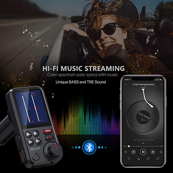 Nulaxy Car Bluetooth Transmitter, 1.8" Color Screen Bluetooth Car Radio Adapter with Strong Microphone for Better Hands Free Calls, Supports QC3.0 Charging, Treble and Bass Sound Music Player- KM30