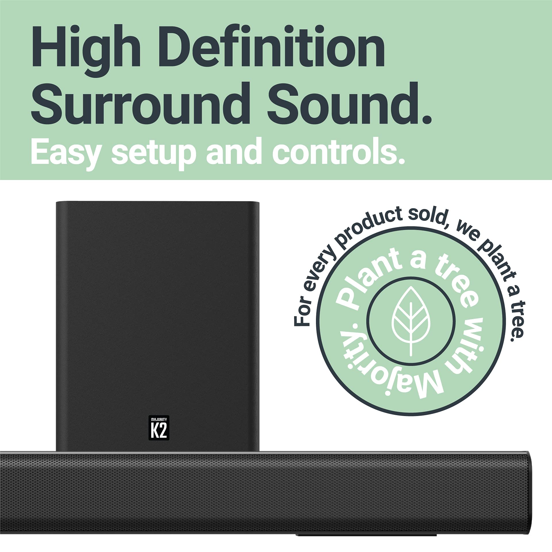Majority K2 Sound Bar with Subwoofer | 150W Powerful Stereo 2.1 Channel Sound Bar for TV | Home Theatre 3D Surround Sound I HDMI ARC, Bluetooth, Optical & RCA Connection I USB & AUX Playback | Black