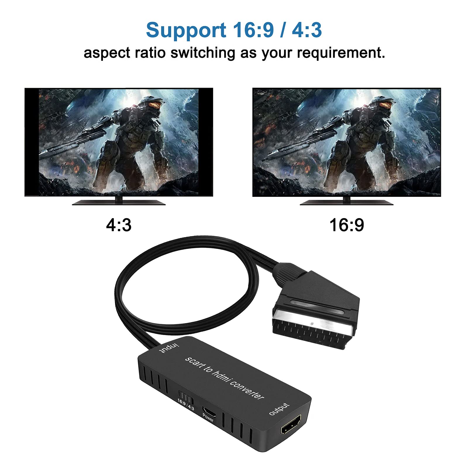 Scart to HDMI Converter, Wrugste Scart input HDMI output 16:9/4:3 Video Audio Converter Adapter with HDMI cable for HDTV Monitor Projector STB VHS Xbox Sky Blu-ray DVD Player