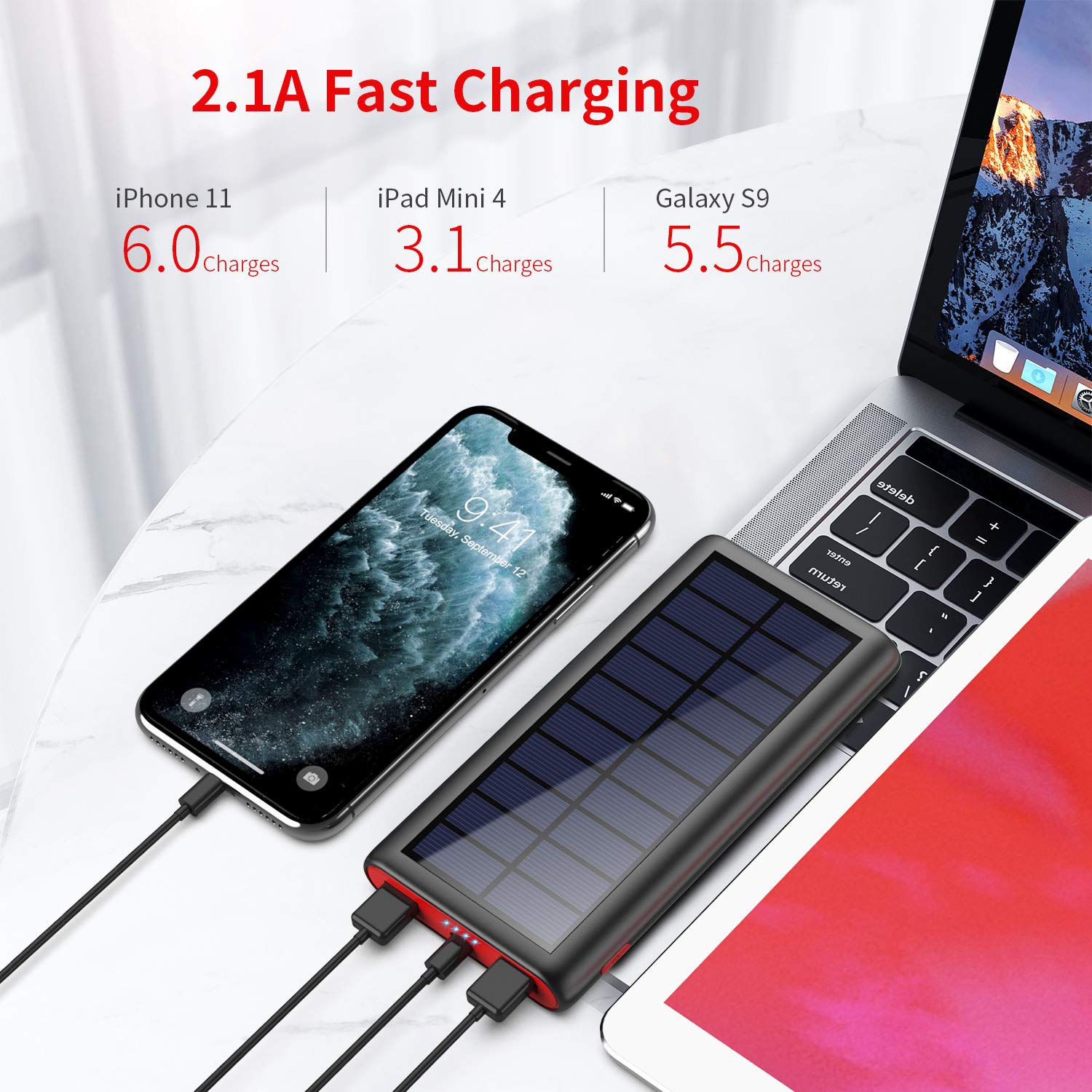VOOE Solar Power Bank, 26800mAh Portable Charger Fast Charging External Battery Pack with Dual USB Output High Capacity Portable Phone Charger for Smart Phones Tablets and More