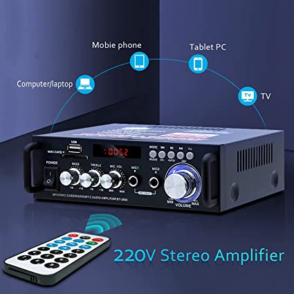 Bluetooth Amplifier HiFi Stereo Receiver - Integrated Mini Audio Amp apply to Passive Speakers Home Theater Studio or Car Garage 300W Peak Power 2 Channel Sound System with Mic Bass Treble Converter
