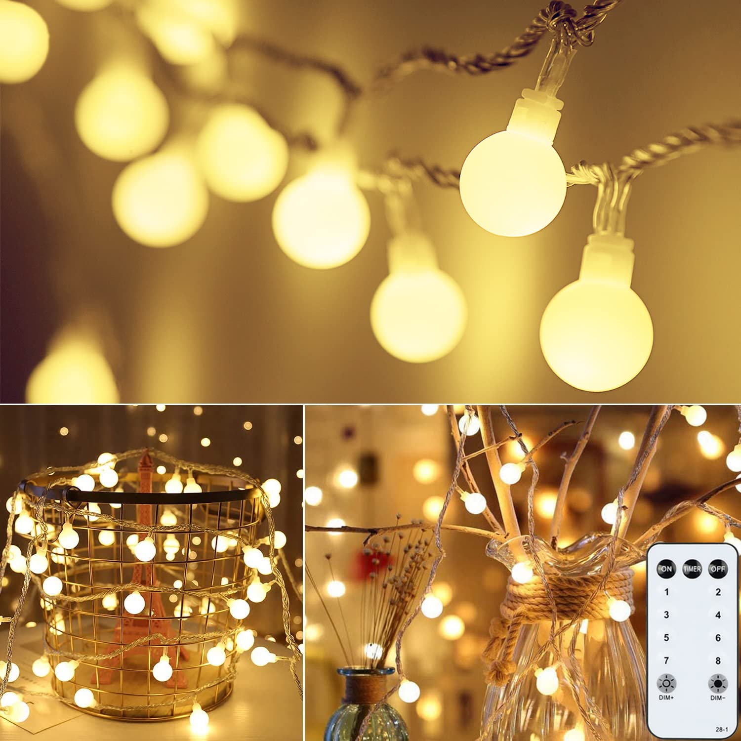 Globe String Lights Mains Powered, 15M/49ft 100 LED Fairy Lights Plug in, 8 Modes Waterproof Christmas Lights Indoor & Outdoor Decoration for Garden, Patio, Gazebo, Bedroom, Party, Wedding