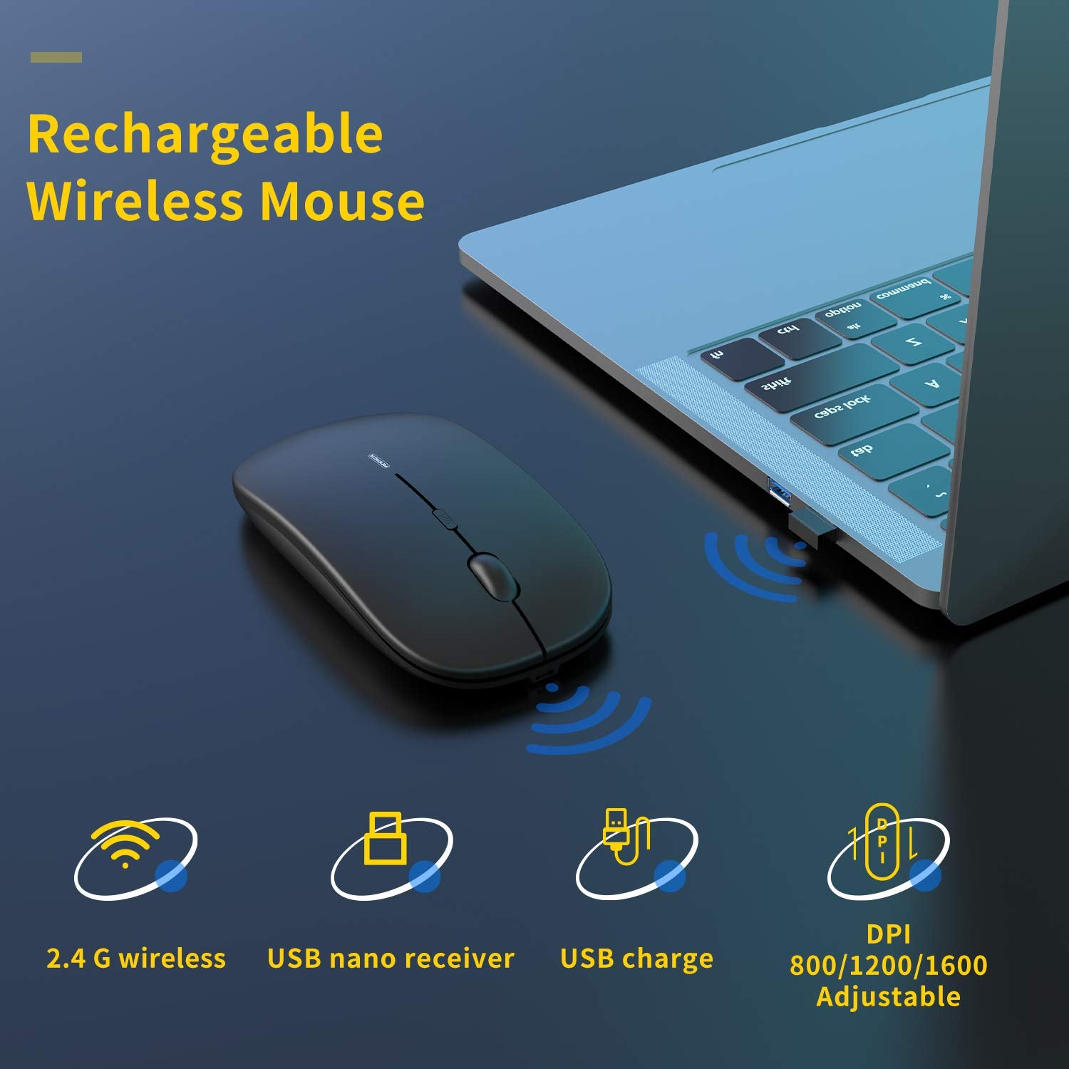 Wireless Silent Mouse,USB Laptop PC Cordless Mouse Rechargeable Slim Mice by Anmck,10m Remote Range,1600 DPI 3 Adjustment Levels Noiseless Mini Mouse ,Home & Office for Windows,MAC OS and Linux-Black