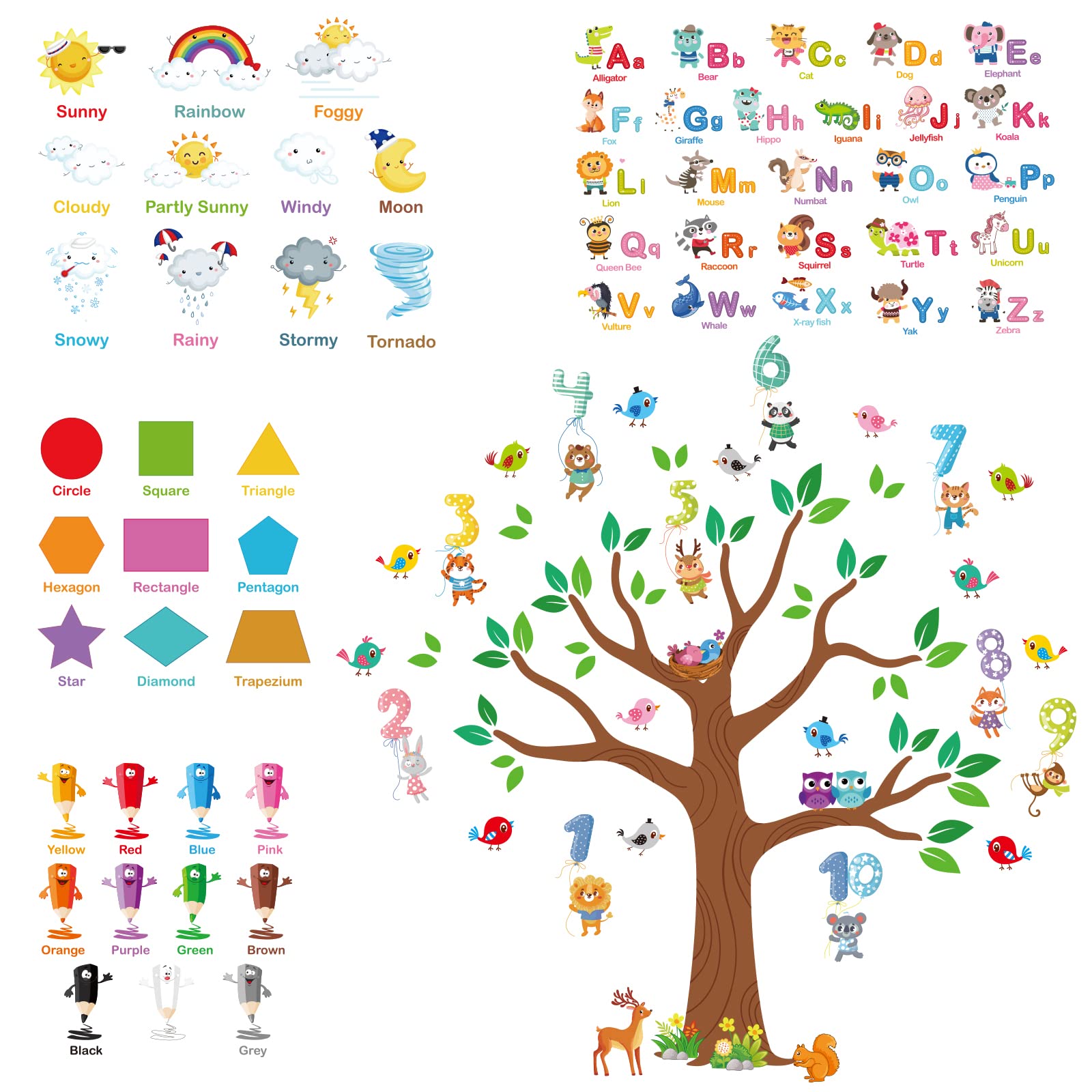 Matogle Animal Alphabet ABC and Number Tree Wall Stickers with Color Shape Weather Wall Decals Self-Adhesive for Kids Preschool Education Children Living Room Deco (4 Sheets)