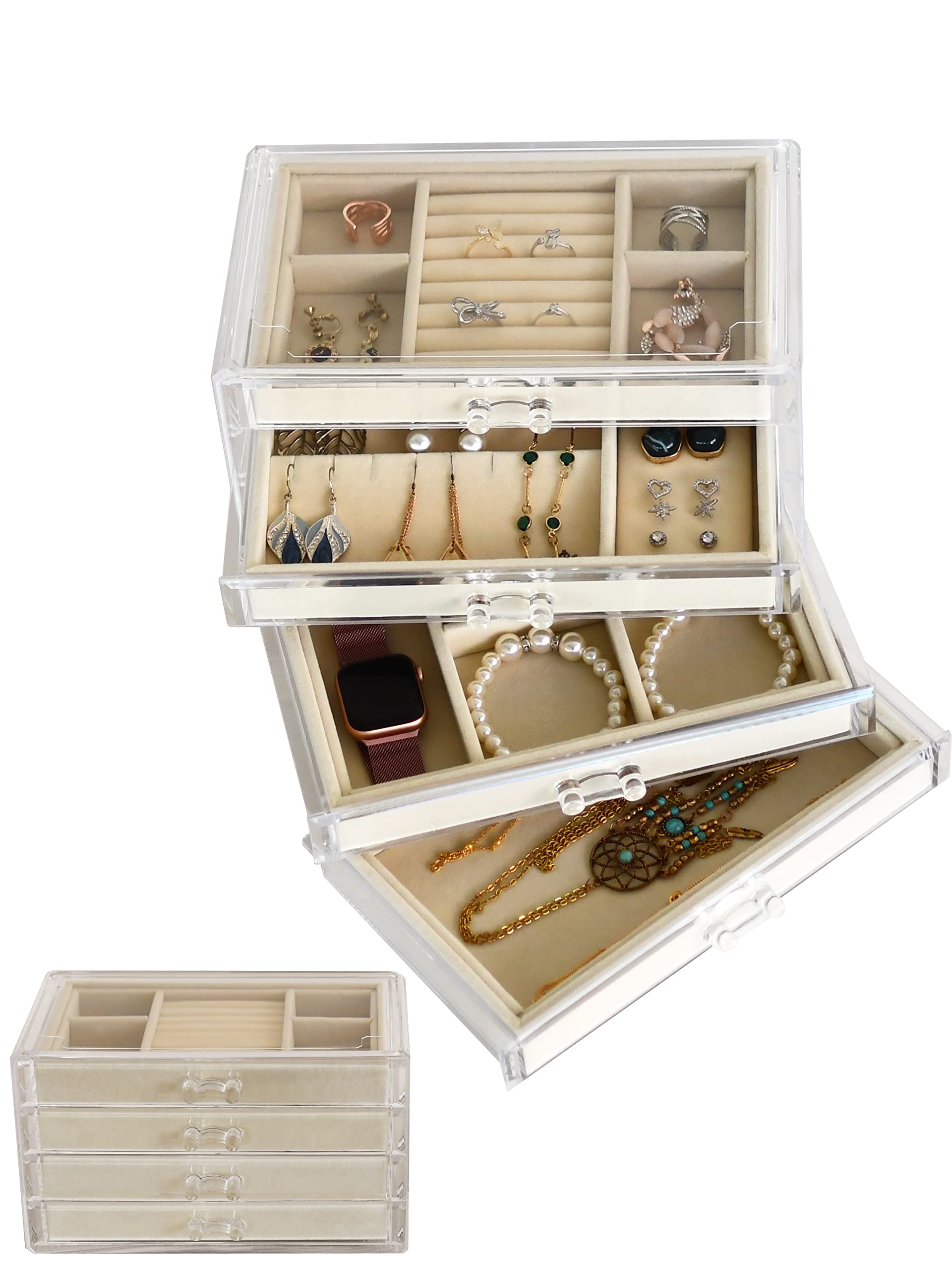 HerFav Jewellery Box for Women with 3 Drawers, Velvet Jewellery Organiser for Earring Bangle Bracelet Necklace and Rings Storage
