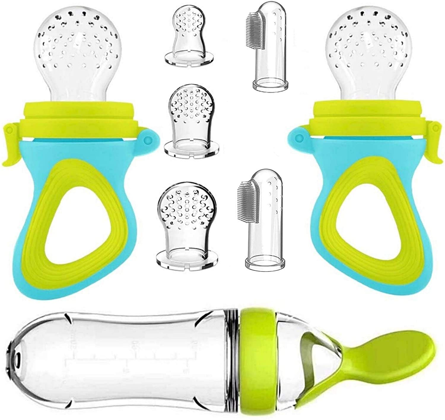 Baby Food Feeder Set, TASIPA Silicone Fruit Teether Feeder with 3 Different Sized Silicone Teething Pacifiers, 2 Baby Finger Toothbrushes ,1 Pack Baby Food Dispensing Spoon for Toddlers Infants
