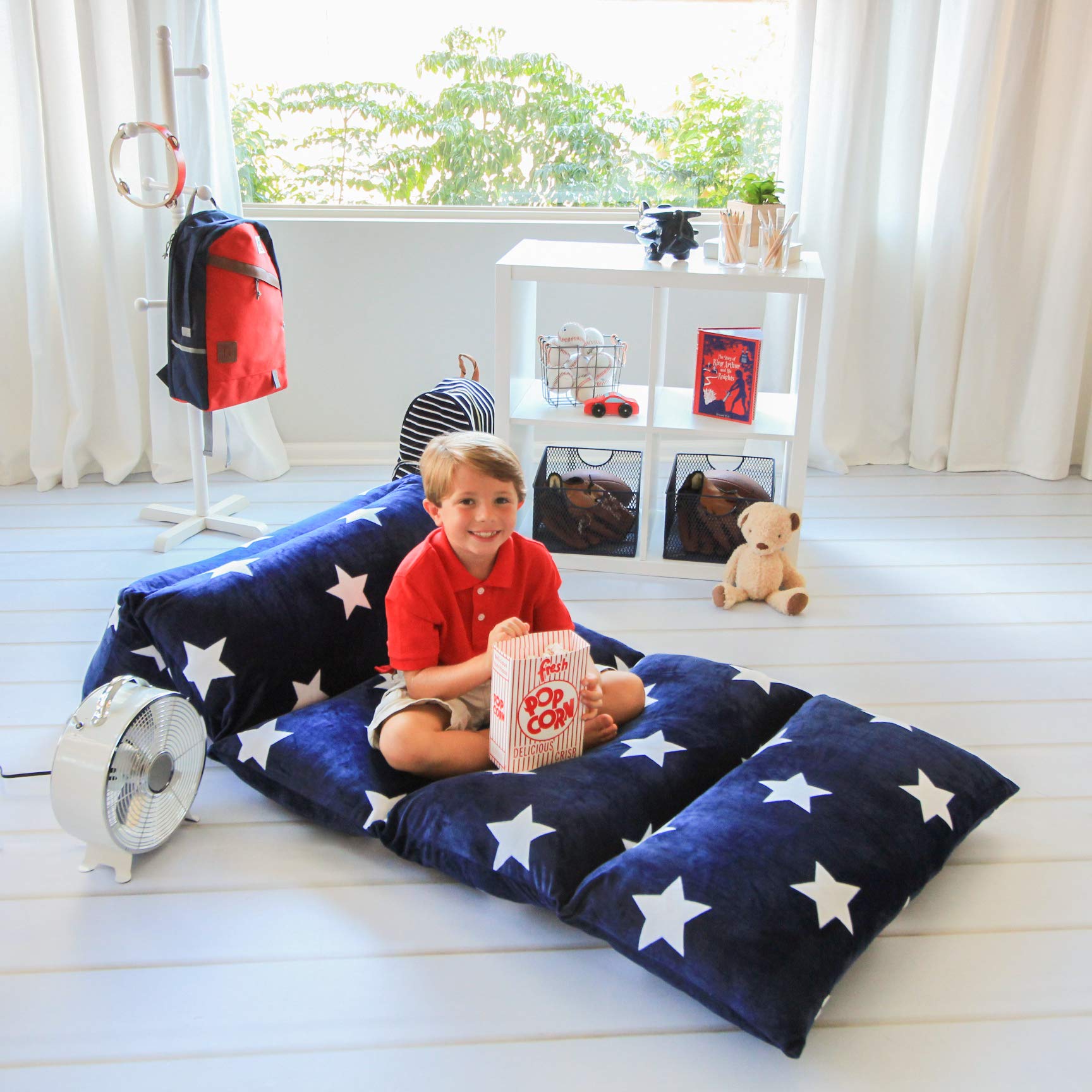 Butterfly Craze Pillow Bed Floor Lounger Cover - Perfect Recliner Floor Pillow for Kids & Pillow Lounger for Reading Playing Games - Navy White Stars, Queen