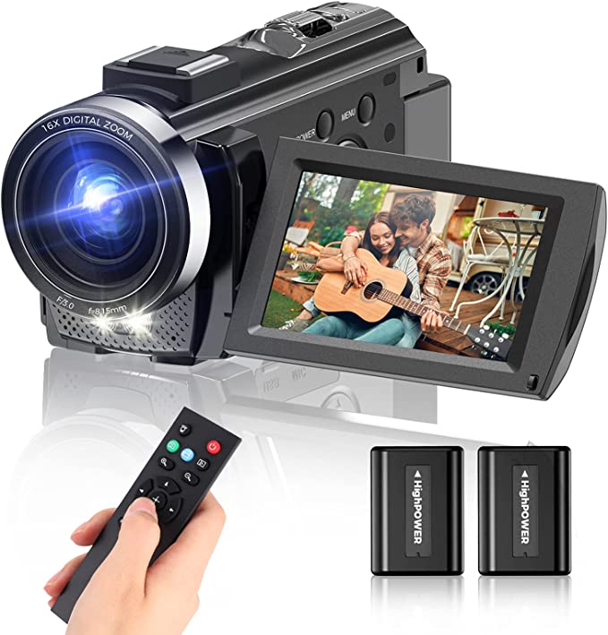 Video Camera Camcorder, Full HD 1080P Digital YouTube Vlogging Camera Recorder,Video Camera 30FPS 3.0 Inch LCD 270 Rotatable Degrees IPS Screen with Remote Control 2 Batteries