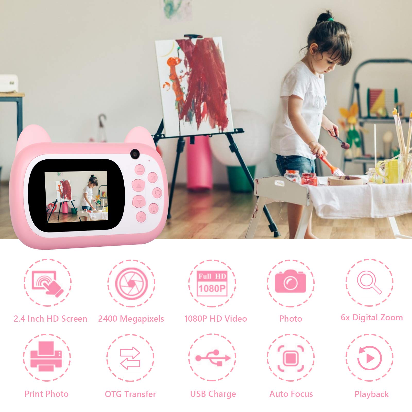 TOYOGO Instant Print Camera for Kids, Upgrade Selfie Kids Camera, Digital No Ink Video Camera with 3 Rolls Print Paper Camera, 1000 mAh,Dual Lens,1080P HD Video Recorder for Girls Boys Gifts Toys Pink