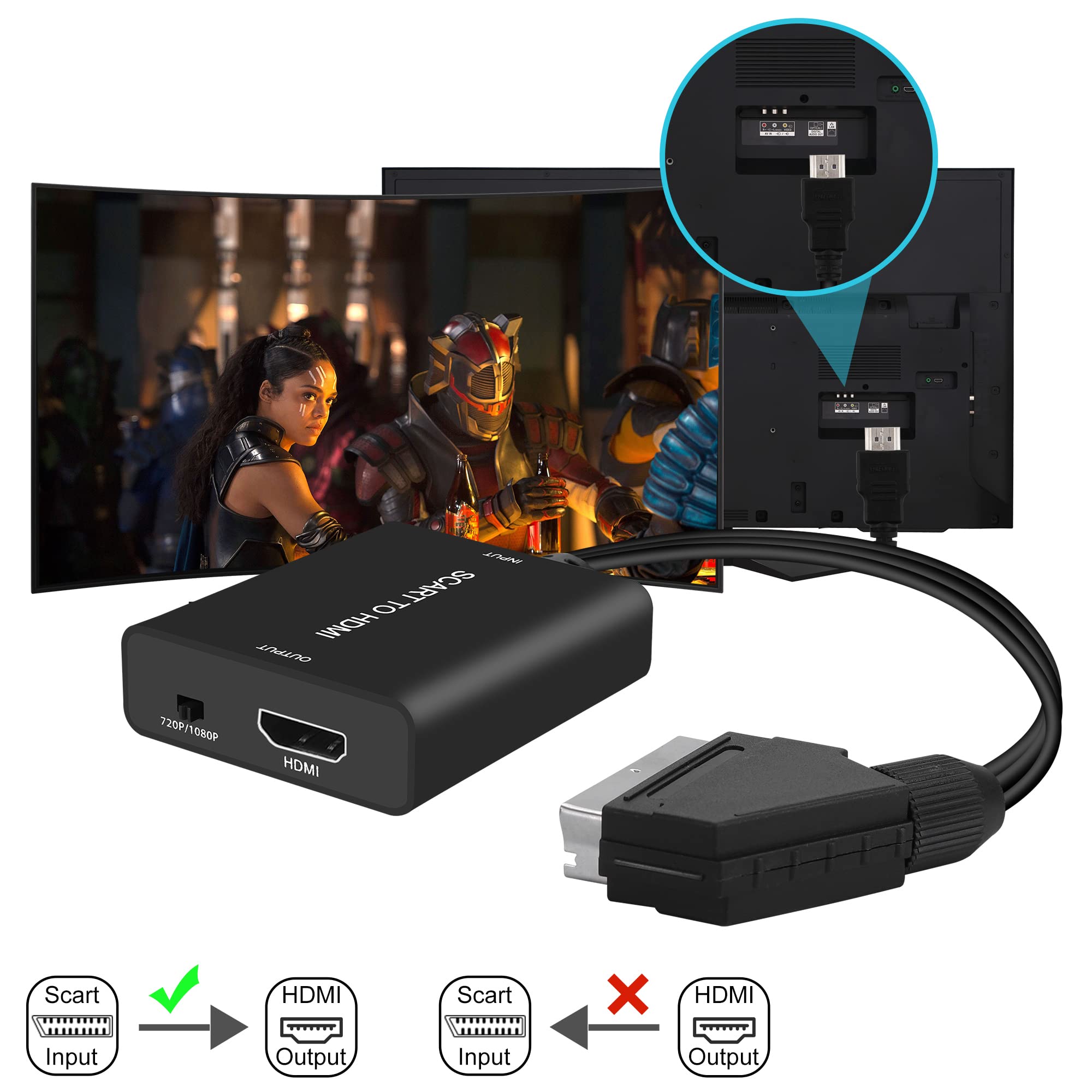 Scart to HDMI Converter with HDMI Cable, Scart to HDMI Full HD 720P/1080P Switch Video Audio Converter for HDTV Monitor Projector STB VHS Xbox PS3 Sky Blu-ray DVD Player