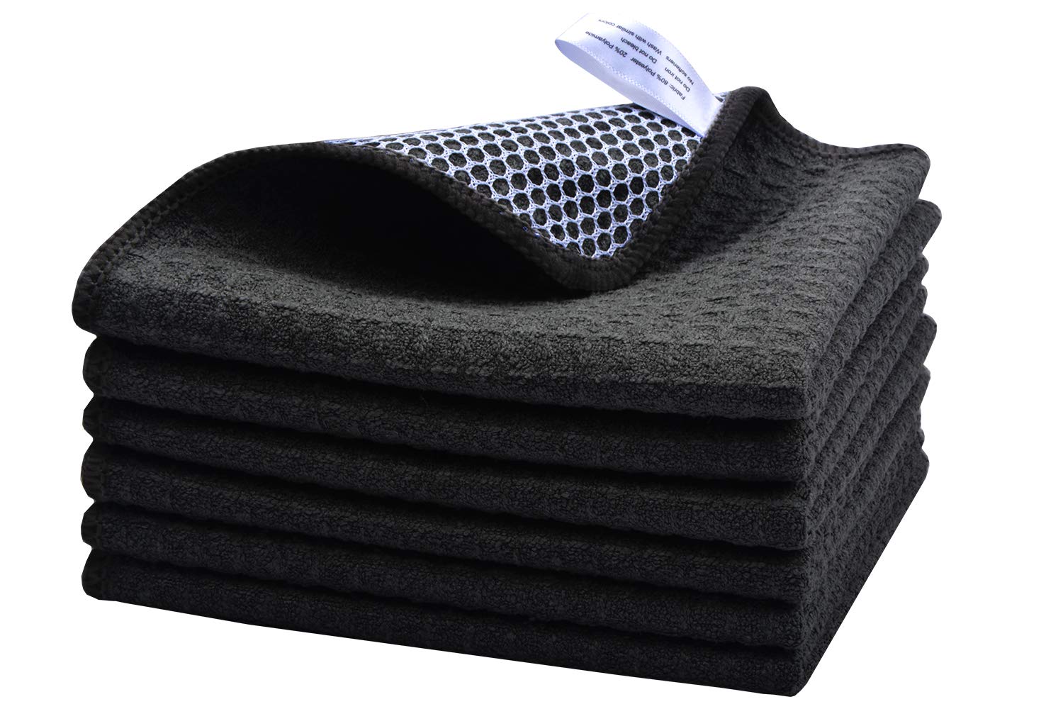 KinHwa Microfiber Dish Cloths for Washing Dishes Washable Dishcloths Kitchen Dish Rags Cleaning Cloths with Poly Scour Side 12 Inch x 12 Inch 6Pack Black