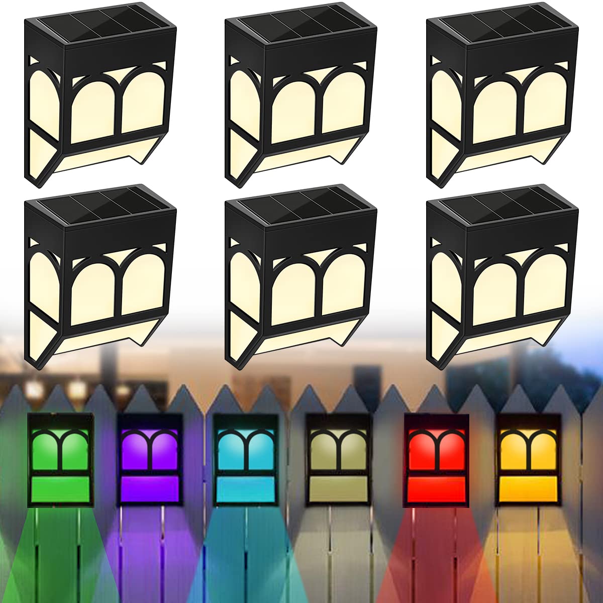 6 Pack Outdoor Wall Solar Lights,Fence Solar Lights Outdoor,Solar Wall Lights Outdoor Garden Waterproof, Decorative Garden Lights - Fence, Patio, Yard and Driveway Path,White Light/Color Changing