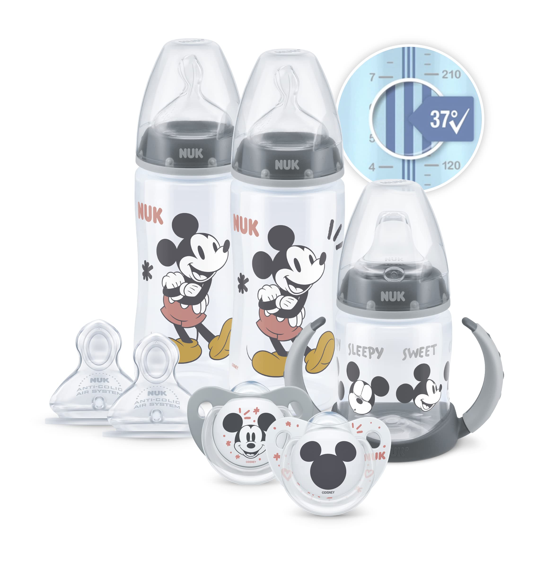 NUK Disney First Choice+ First Years Set | 6-18 Months | Temperature Control | 2 x 300 ml Bottles, 1 x Learner Cup, 2 x Soothers, 2 Teats | Anti-Colic Vent | BPA-Free | Mickey Mouse | 7 Count