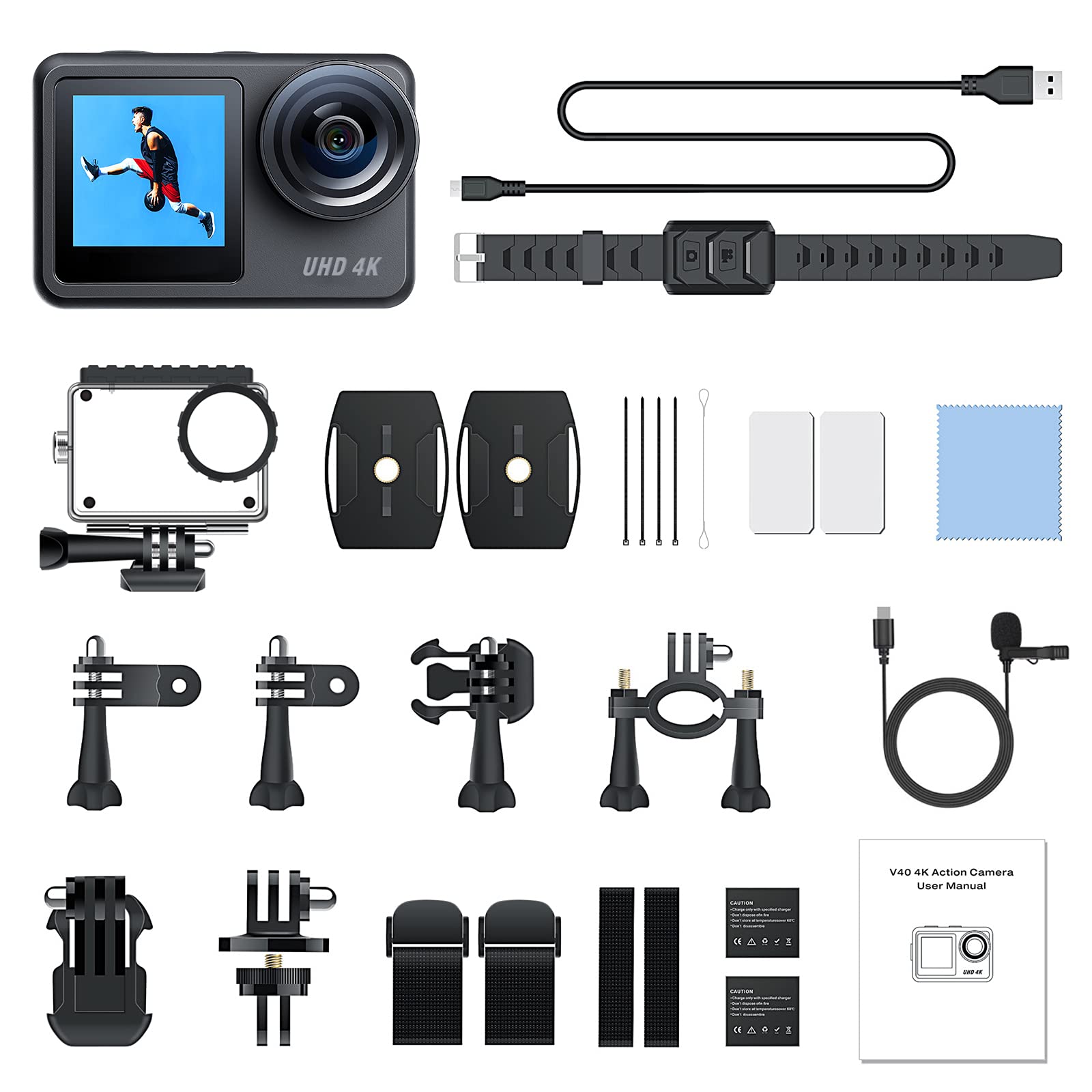 CAMWORLD 4K 20MP Action Camera Dual Screen 40M Waterproof Underwater Camera, WiFi Sports PC Webcam with EIS Remote Control, Charger and 2 Batteries