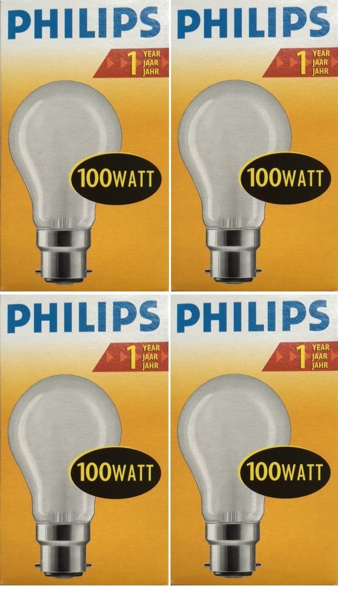 4 x PHILIPS GLS 100W BC B22 Frosted/Matt/Pearl A55 Classic Light Bulbs Bayonet Cap 240V Incandescent Lamps