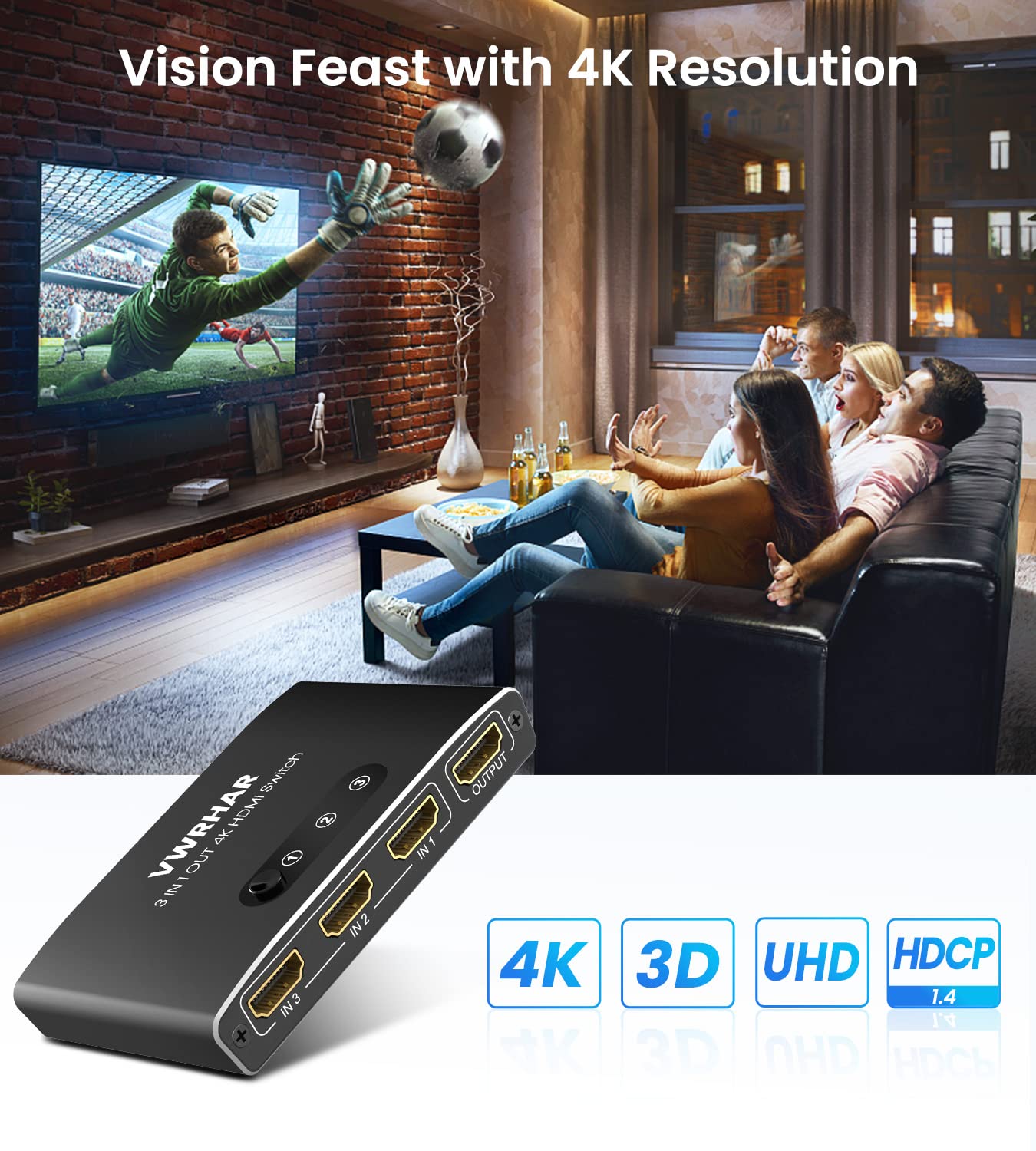 HDMI Switch 3 IN 1 OUT Aluminum HDMI Splitter with Remote HDMI Switcher Supports 4K 3D HD Monitor Wireless Remoter Control Compatible with PS5/PS4/PS3, Laptop/PC DVD Blu-Ray Xbox Roku TV/HDTV