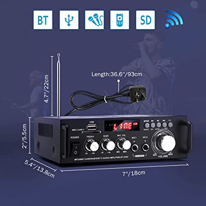 Bluetooth Amplifier HiFi Stereo Receiver - Integrated Mini Audio Amp apply to Passive Speakers Home Theater Studio or Car Garage 300W Peak Power 2 Channel Sound System with Mic Bass Treble Converter