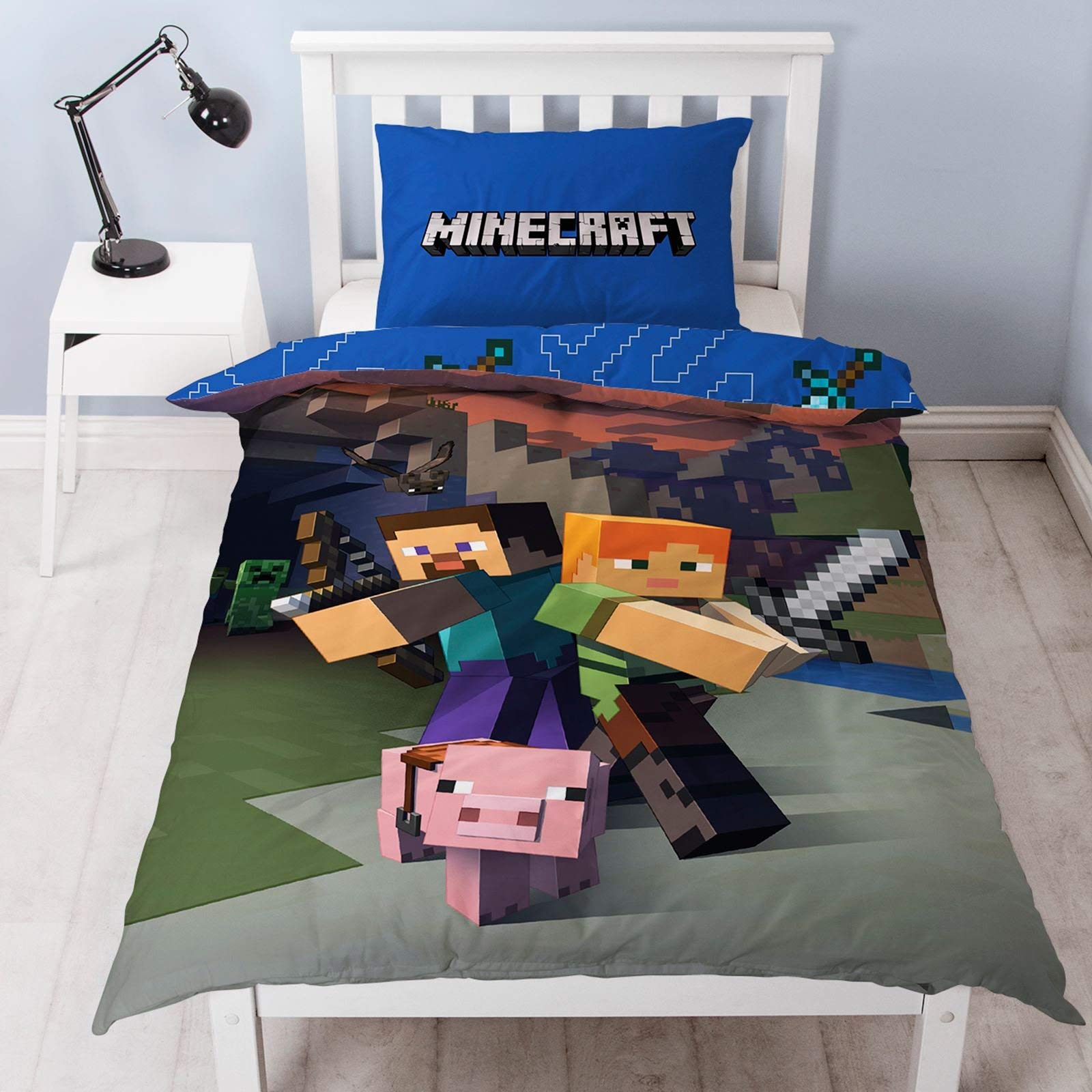 Minecraft Reversible Single Duvet Cover Set, Polyester-Cotton, Blue
