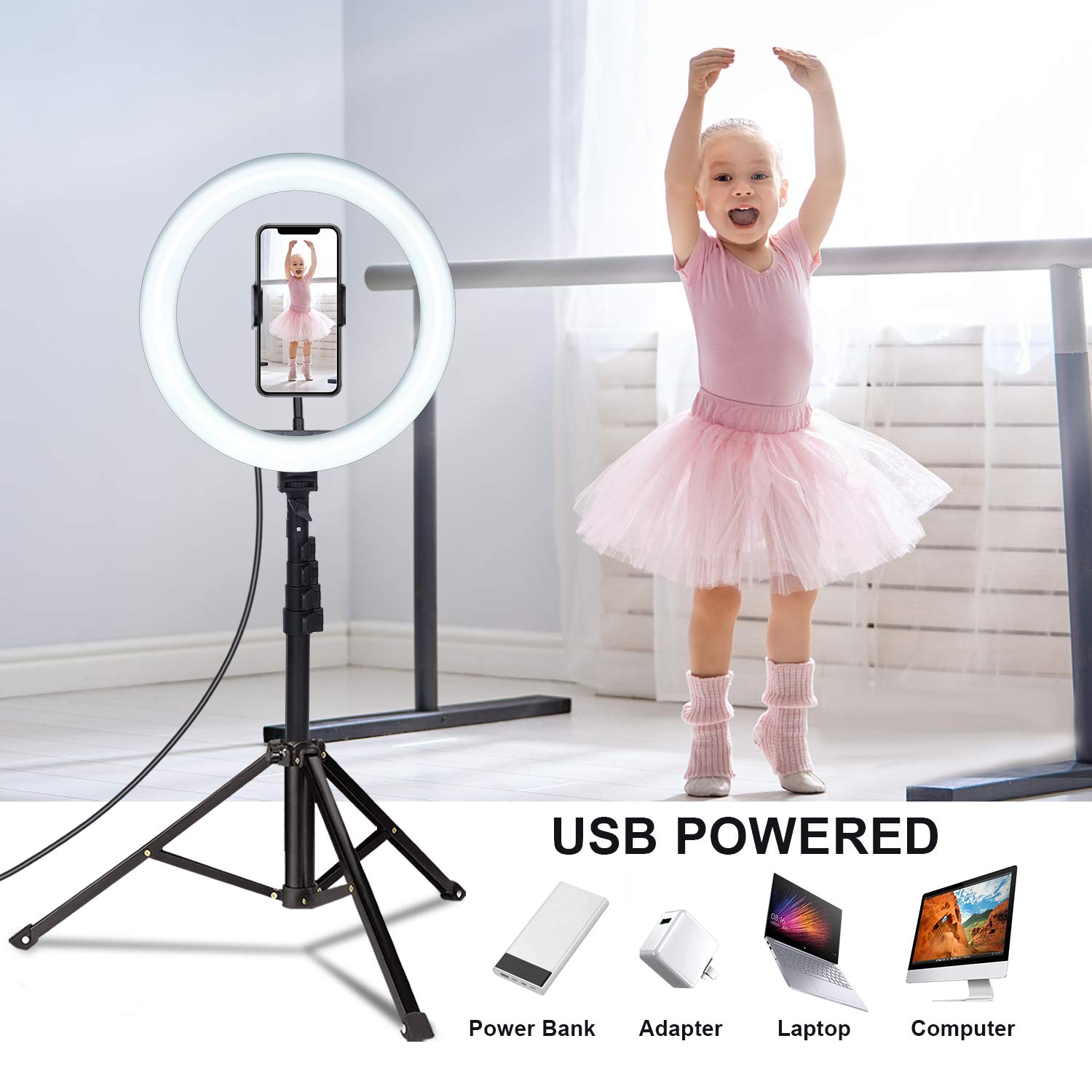 Ring Light with Tripod Stand & Phone Holder, 10'' Selfie Ring Light with 63in Tripod Stand, Dimmable Ring light Tripod for Live Streaming, Makeup, Selfie, TikTok, YouTube Video, Zoom Meeting