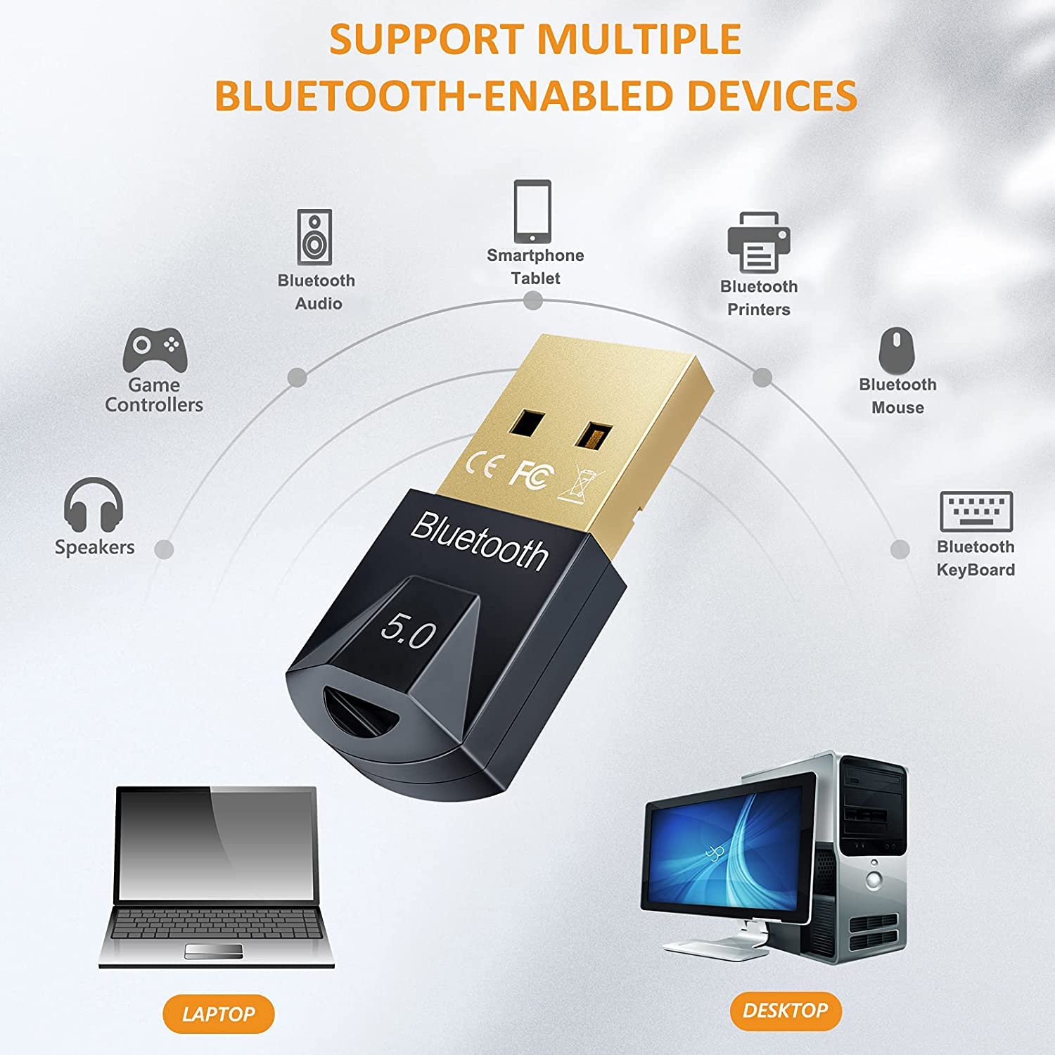 USB Bluetooth 5.0 Adapter Dongle for PC, Bluetooth Receiver for Laptop Computer Desktop, Support windows 10/8/8.1/7, Low Latency Wireless Transfer for Headset Speaker Keyboard Mouse Printer