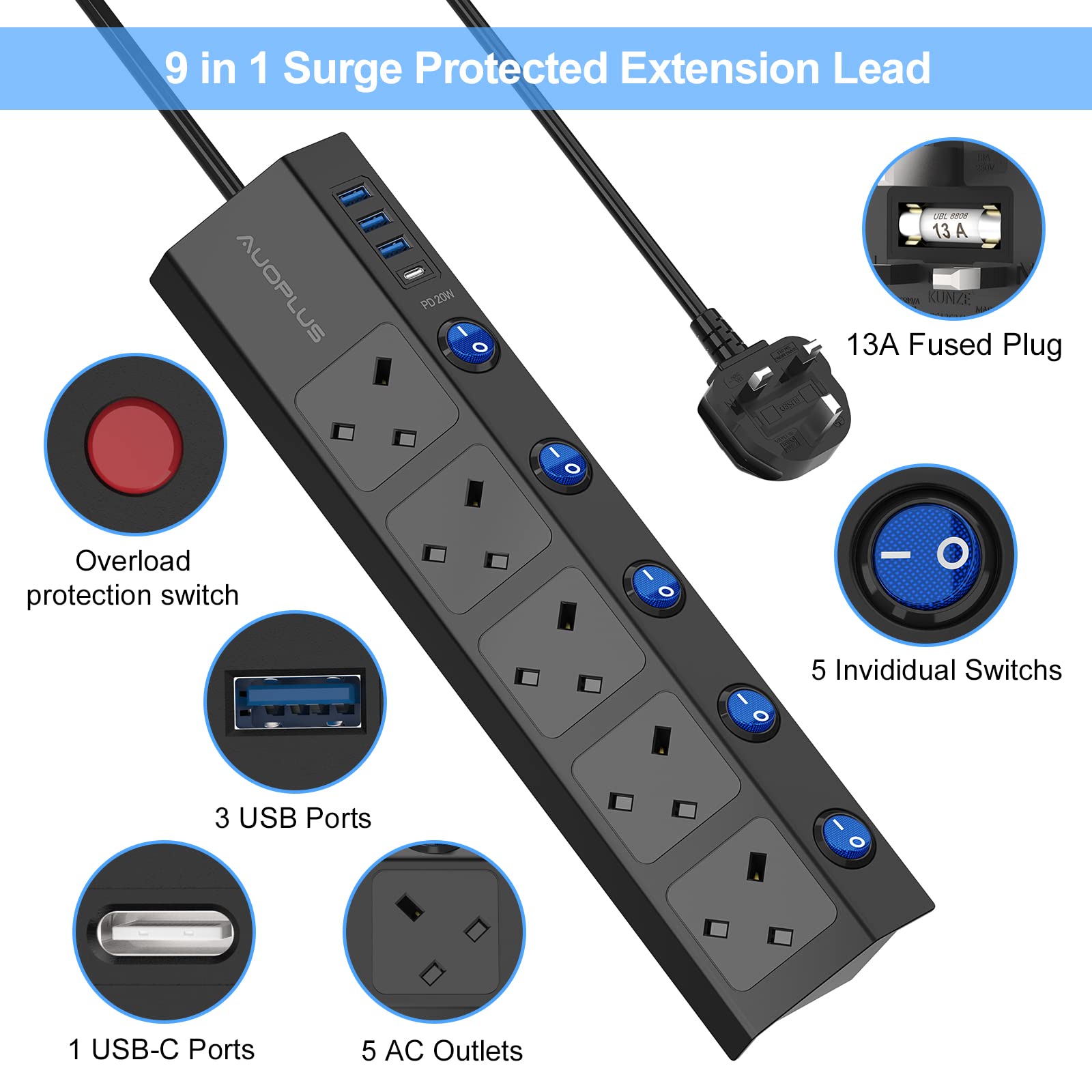Extension Lead with Individual Switches, 3250W/13A Wall Mounted Power Strip with USB C Ports（PD 20W), 5 Way Surge Protected Extension Lead with 2M Extension Cable for Home Office