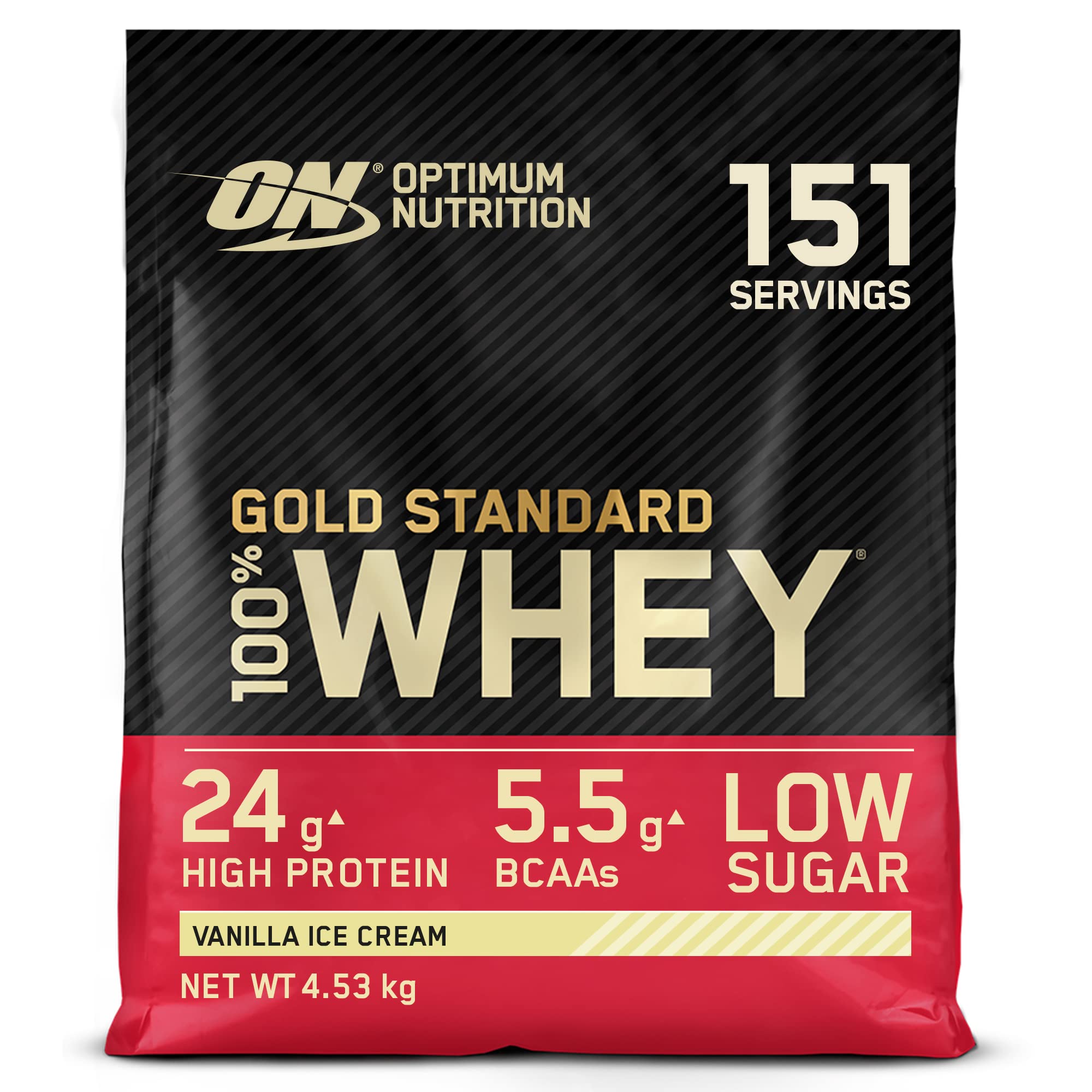 Optimum Nutrition Gold Standard Whey Protein, Muscle Building Powder With Naturally Occurring Glutamine and Amino Acids, Vanilla Ice Cream, 151 Servings, 4.53kg, Packaging May Vary
