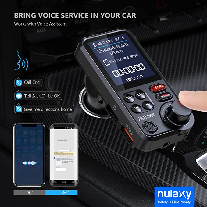 Nulaxy Car Bluetooth Transmitter, 1.8" Color Screen Bluetooth Car Radio Adapter with Strong Microphone for Better Hands Free Calls, Supports QC3.0 Charging, Treble and Bass Sound Music Player- KM30