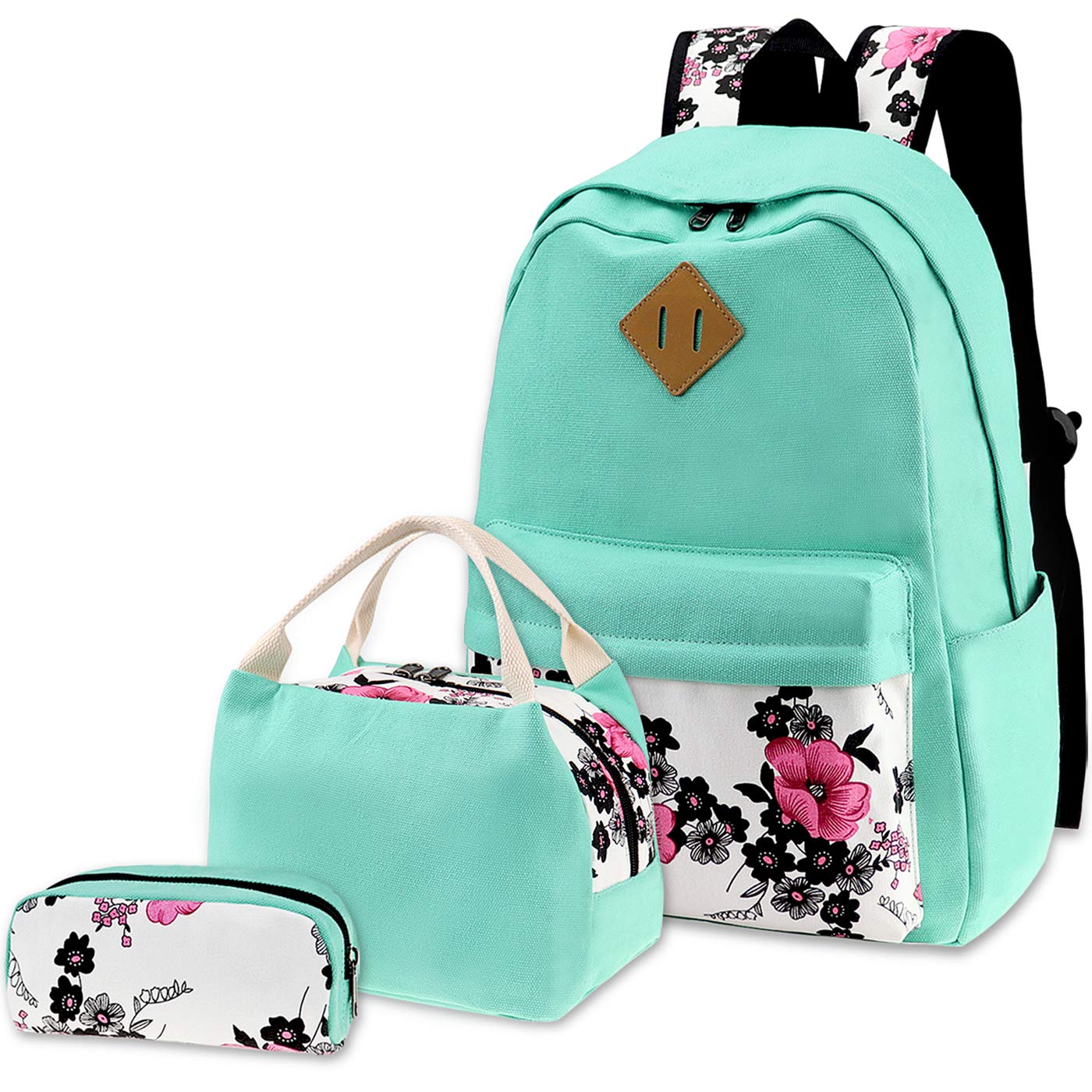 Floral School Bags Set for up 13 Years Old Girls, Student Backpack with Lunch Box + Pencil Case
