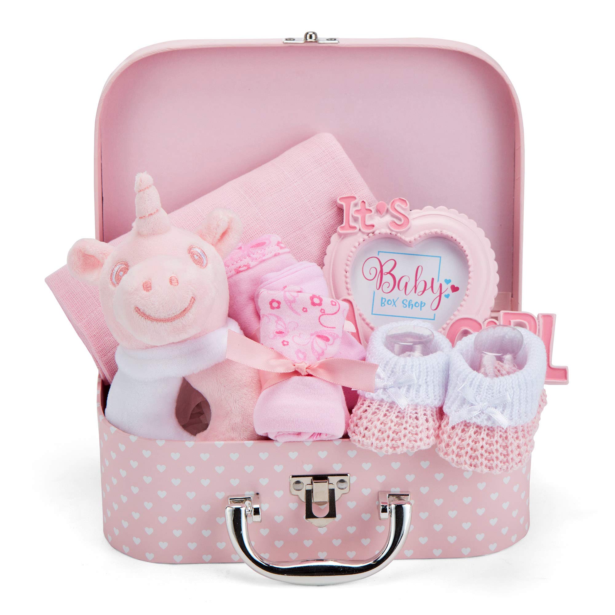 Newborn Baby Girl Gift Set - Hand Packed into Small Pink Hamper Keepsake Box Styled as a Case Includes Soft Toy Rattle, Photo Frame, Muslin Cloth, Bib, Socks, Mitt and Hat for New Mother Baby Showers