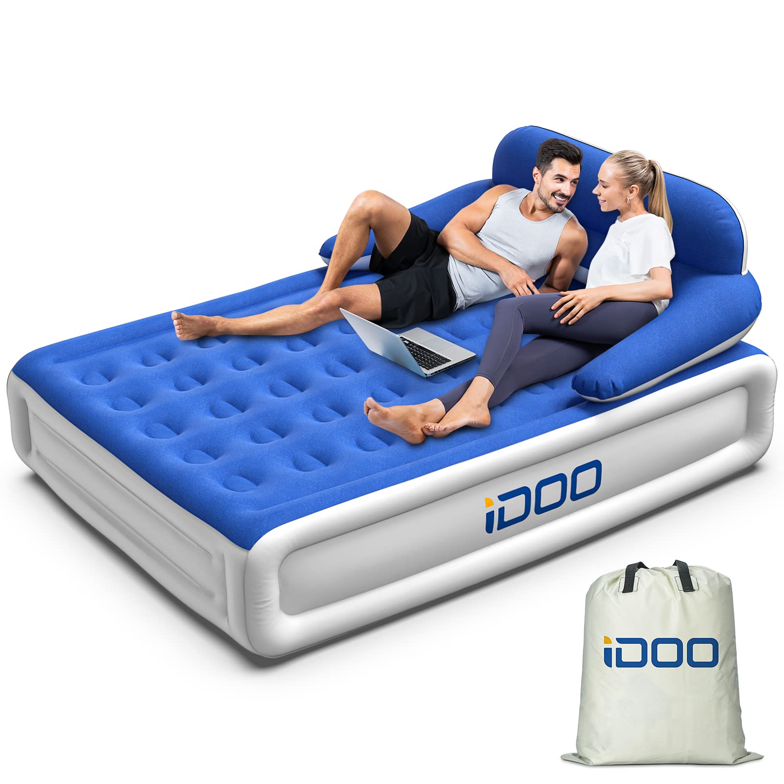 iDOO Air Bed with Headboard, King Size Inflatable Mattress with Built-in Pump, Camping Air Beds Backrest for Outdoors, Double Airbed for Adult Sleeping Bedroom, Portable Fast Inflatable Deflatable