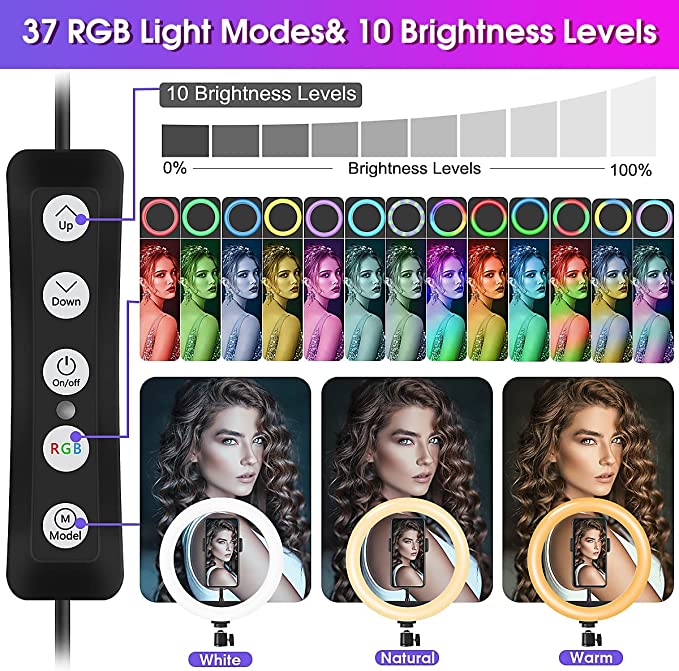 10" Ring Light with Tripod Stand & Phone Holder, Floor Ring Lights for Makeup, 37 RGB Color Modes Circle Light, Height Adjustable LED Ringlight with Remote for YouTube, TikTok