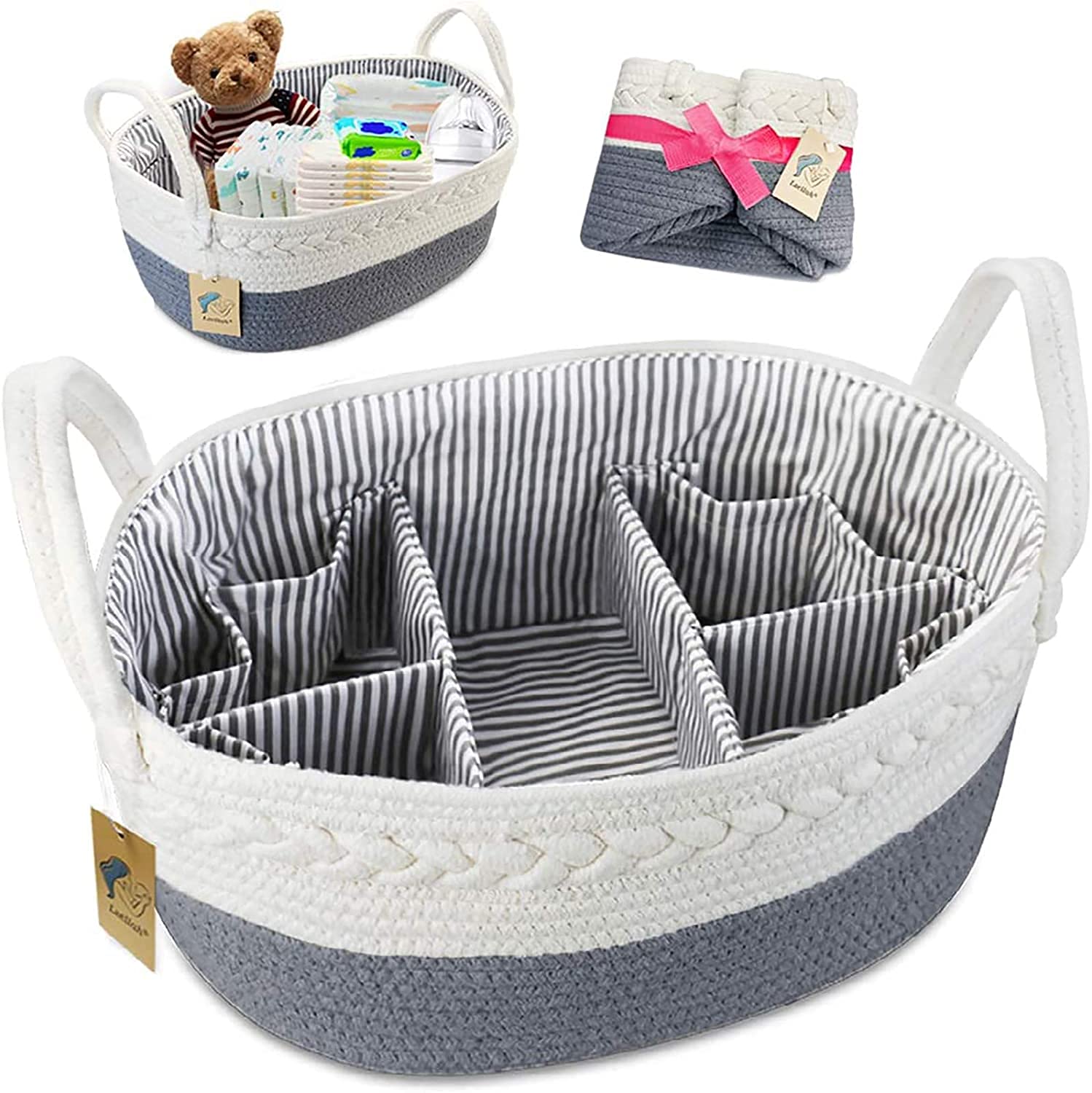 Baby Nappy Caddy Organiser,Baby Storage Basket with Changeable Compartments,Large 100% Cotton Rope Woven Multifunctional Nappy Diaper Caddy Nursery Bin, Portable Baby Toiletries Box Hampers for Mom