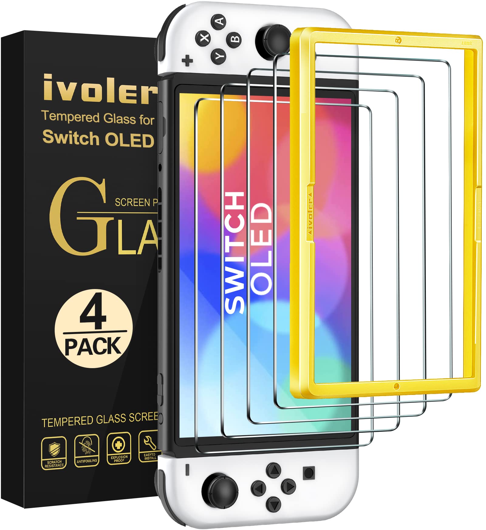 ivoler 4 Pack Screen Protector Compatible with Nintendo Switch OLED Model 7 '' 2021 with Easy Frame tool, Tempered Glass Protection Film - without air bubbles -Ultra Resistant Hardness 9H