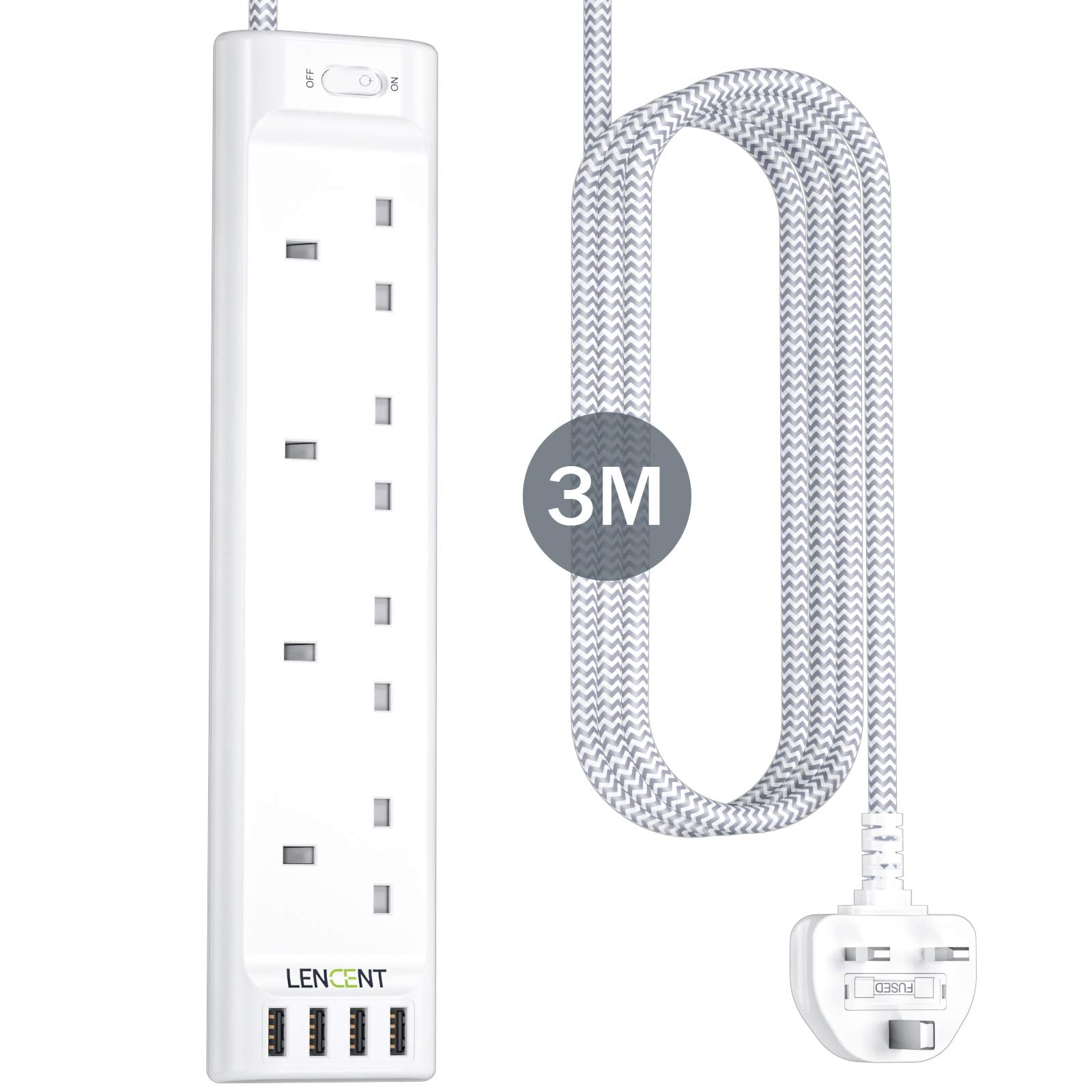 LENCENT 3M Extension Lead with USB Slots, 4 Way Outlets Power Strip with 4 USB Ports, Multi Power Plug Extension with 3M Braided Extension Cord for Home Office, 3250W 13A