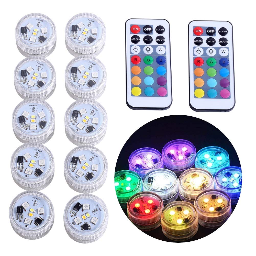 10pcs Submersible LED Lights Tea Lights Candle, RGBW Color Changing with Remote, CR2450 Battery Operated, Waterproof for Pond, Fountain, Paper Lantern, Wedding Party Table Centerpieces